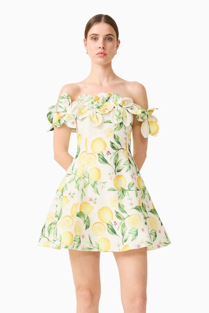 ELLIATT Hana Off Shoulder Lemon Printed Off Shoulder Mini Dress in Yellow