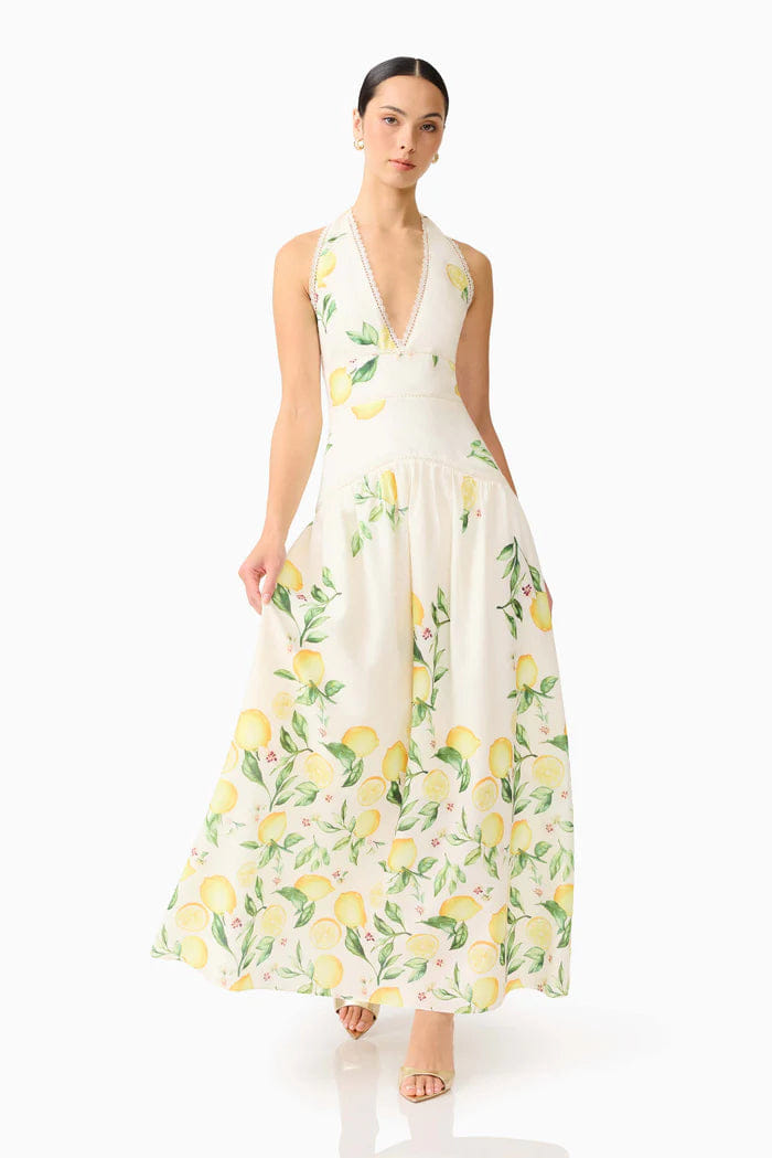 ELLIATT "Hana Halter Lemon Printed Sleeveless Maxi Dress in Yellow "
