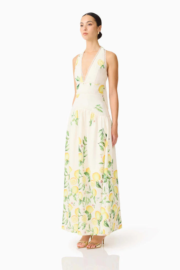 ELLIATT "Hana Halter Lemon Printed Sleeveless Maxi Dress in Yellow "