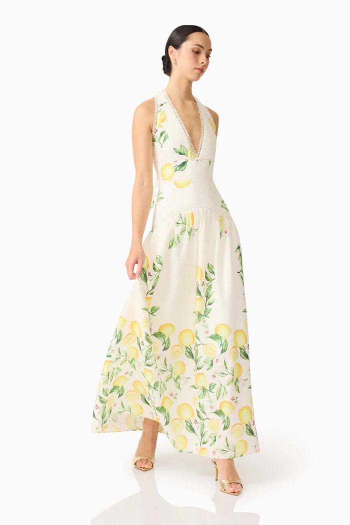 ELLIATT "Hana Halter Lemon Printed Sleeveless Maxi Dress in Yellow "