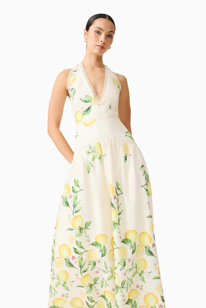 ELLIATT "Hana Halter Lemon Printed Sleeveless Maxi Dress in Yellow "