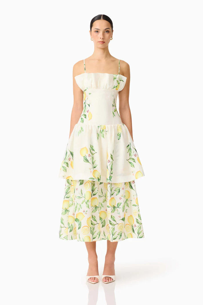 ELLIATT Hana Tiered Lemon Printed Sleeveless Maxi Dress in Yellow