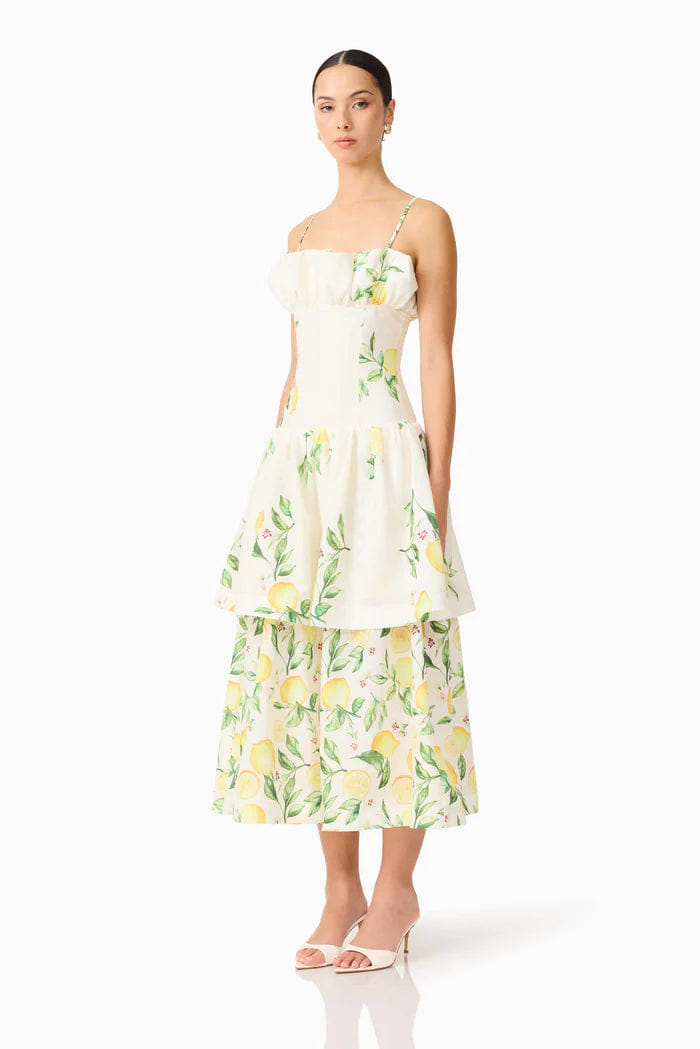 ELLIATT Hana Tiered Lemon Printed Sleeveless Maxi Dress in Yellow