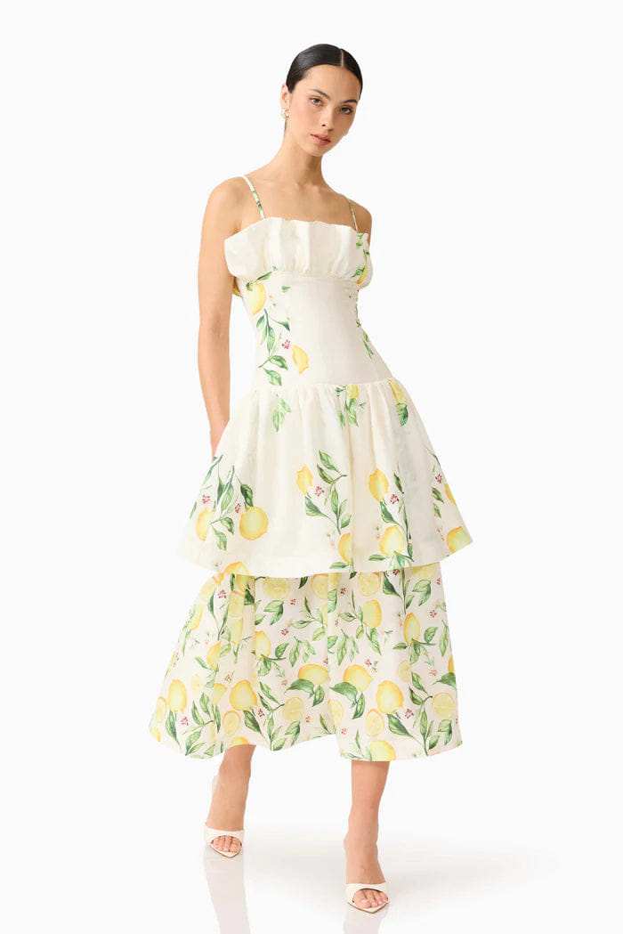 ELLIATT Hana Tiered Lemon Printed Sleeveless Maxi Dress in Yellow
