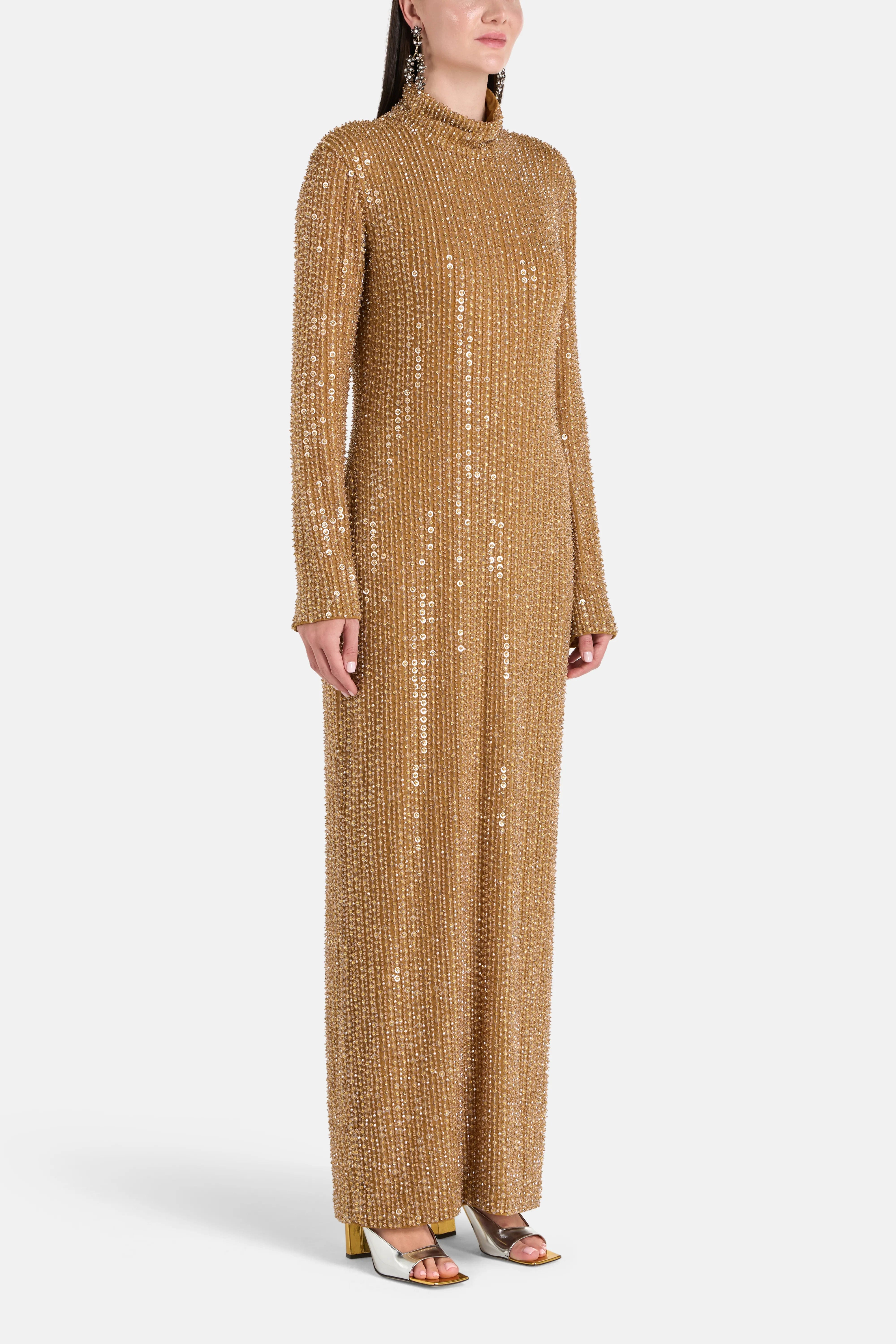 Ilta Long Sleeves Embellished Evening Dress in Gold