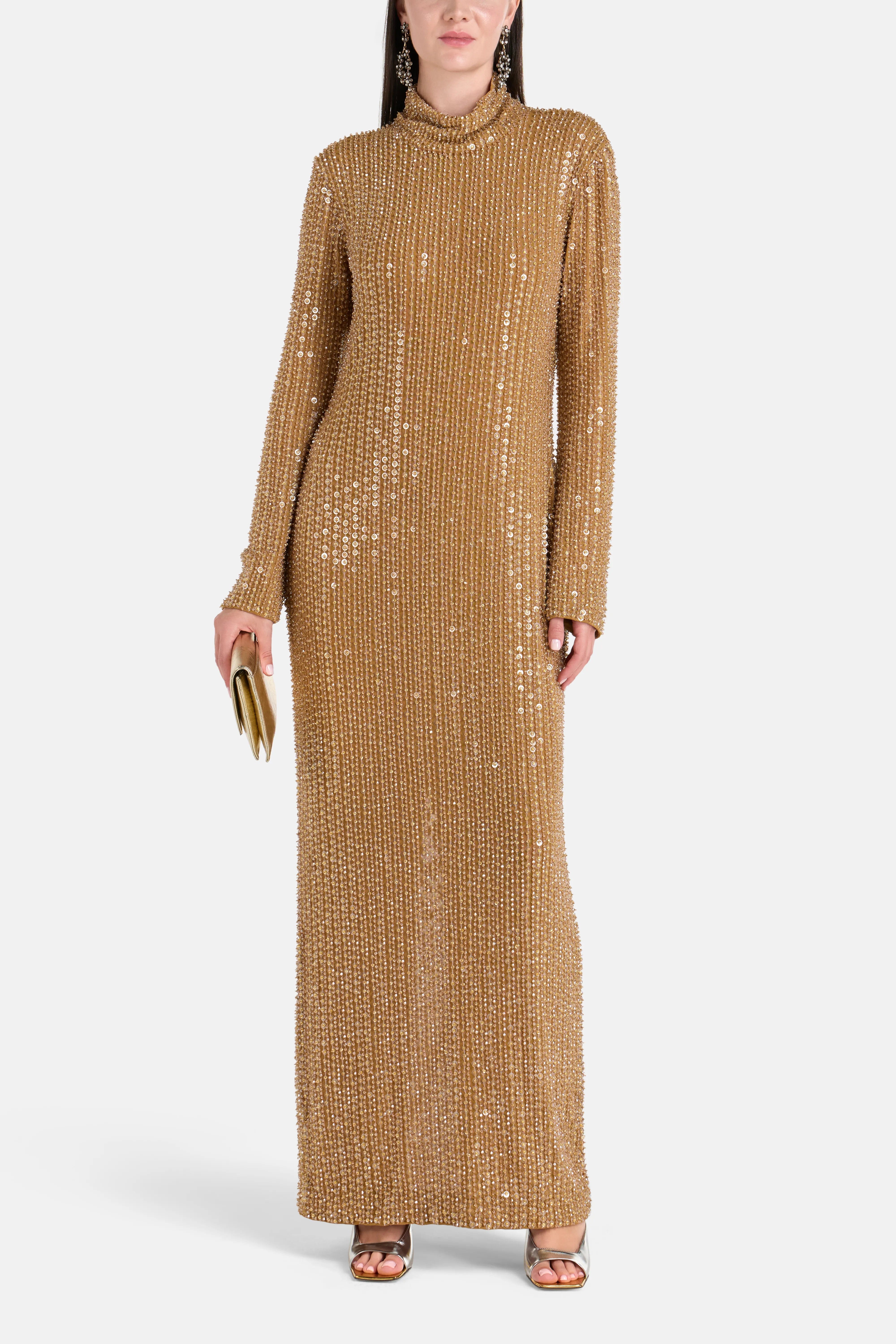 Ilta Long Sleeves Embellished Evening Dress in Gold