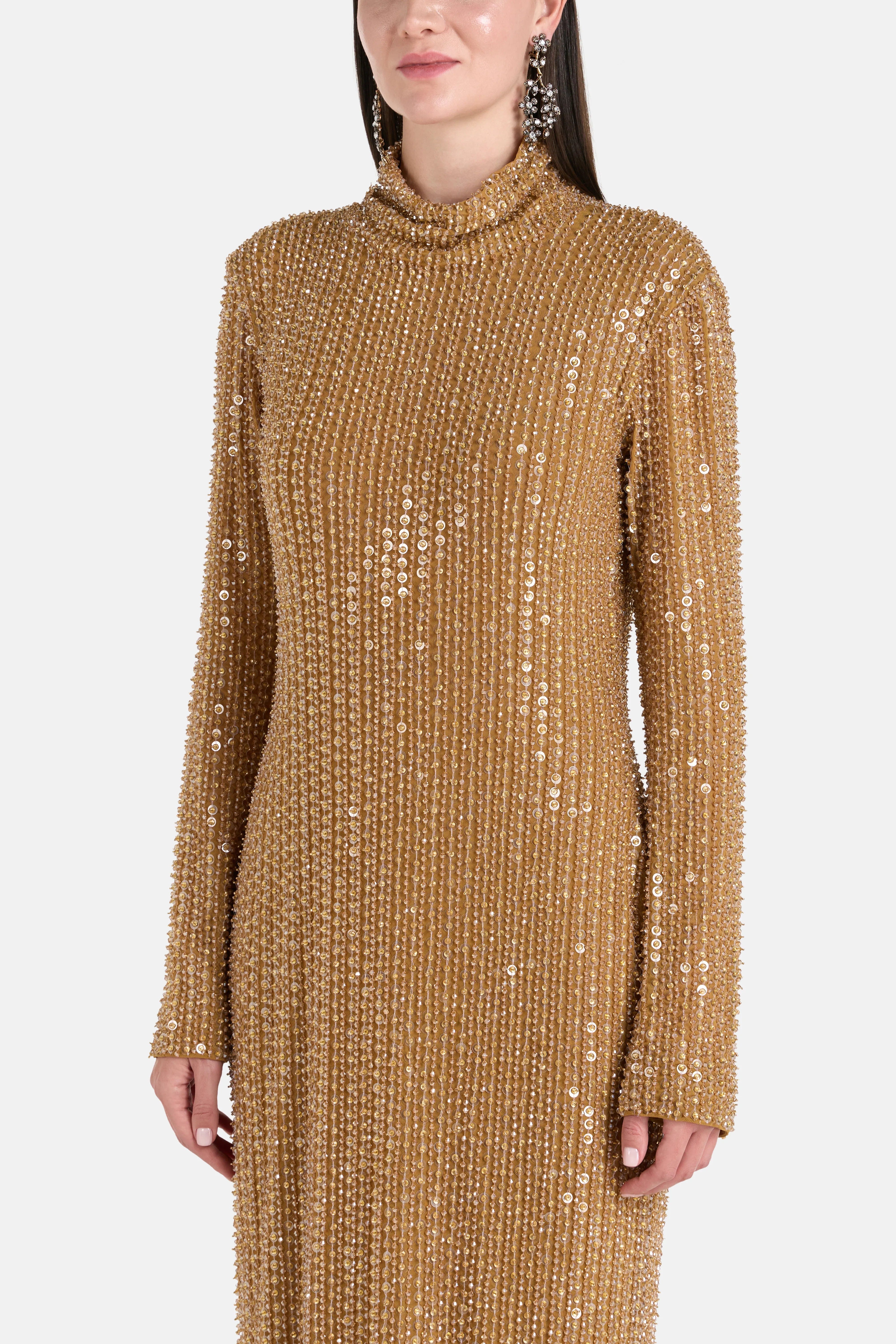 Ilta Long Sleeves Embellished Evening Dress in Gold