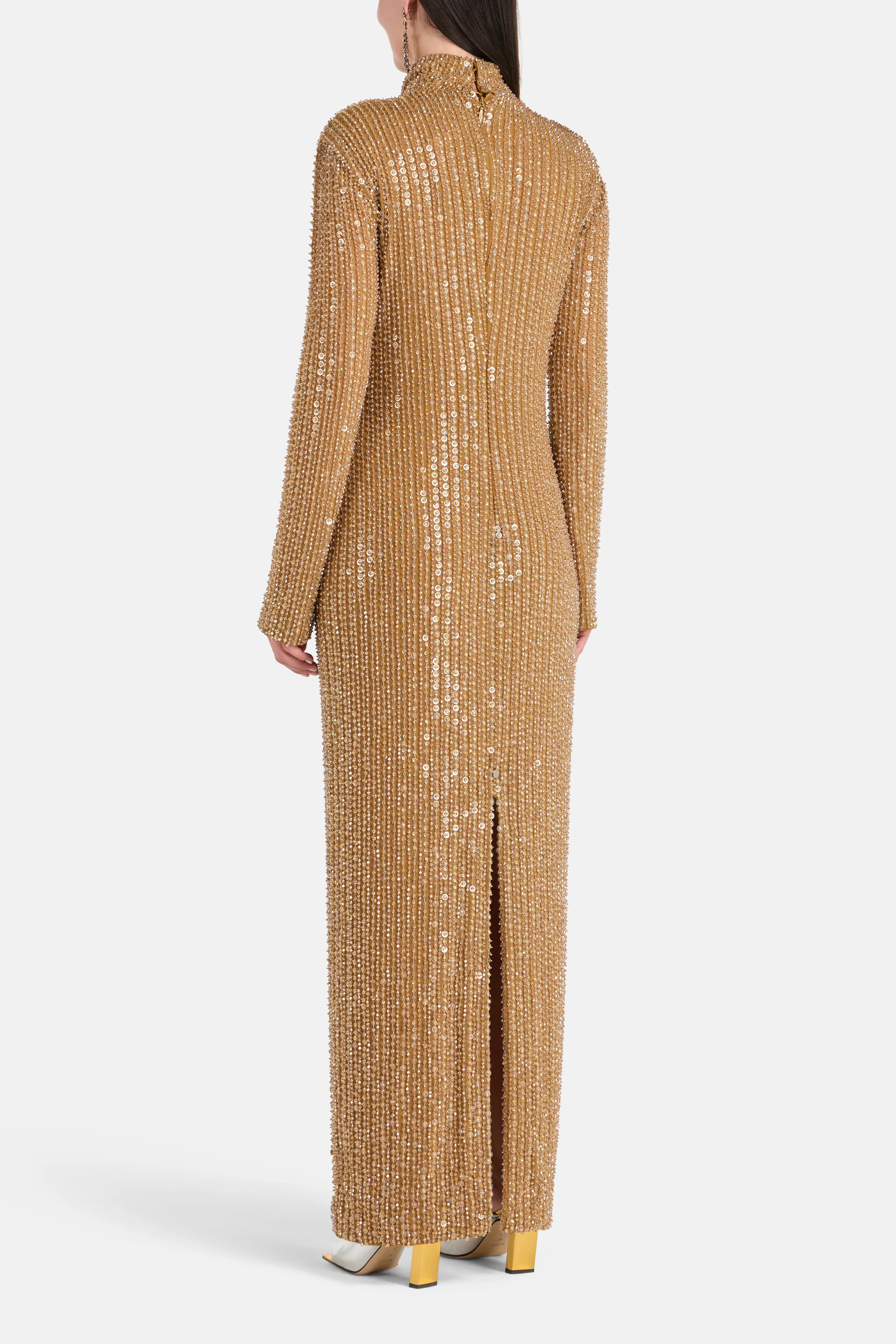Ilta Long Sleeves Embellished Evening Dress in Gold