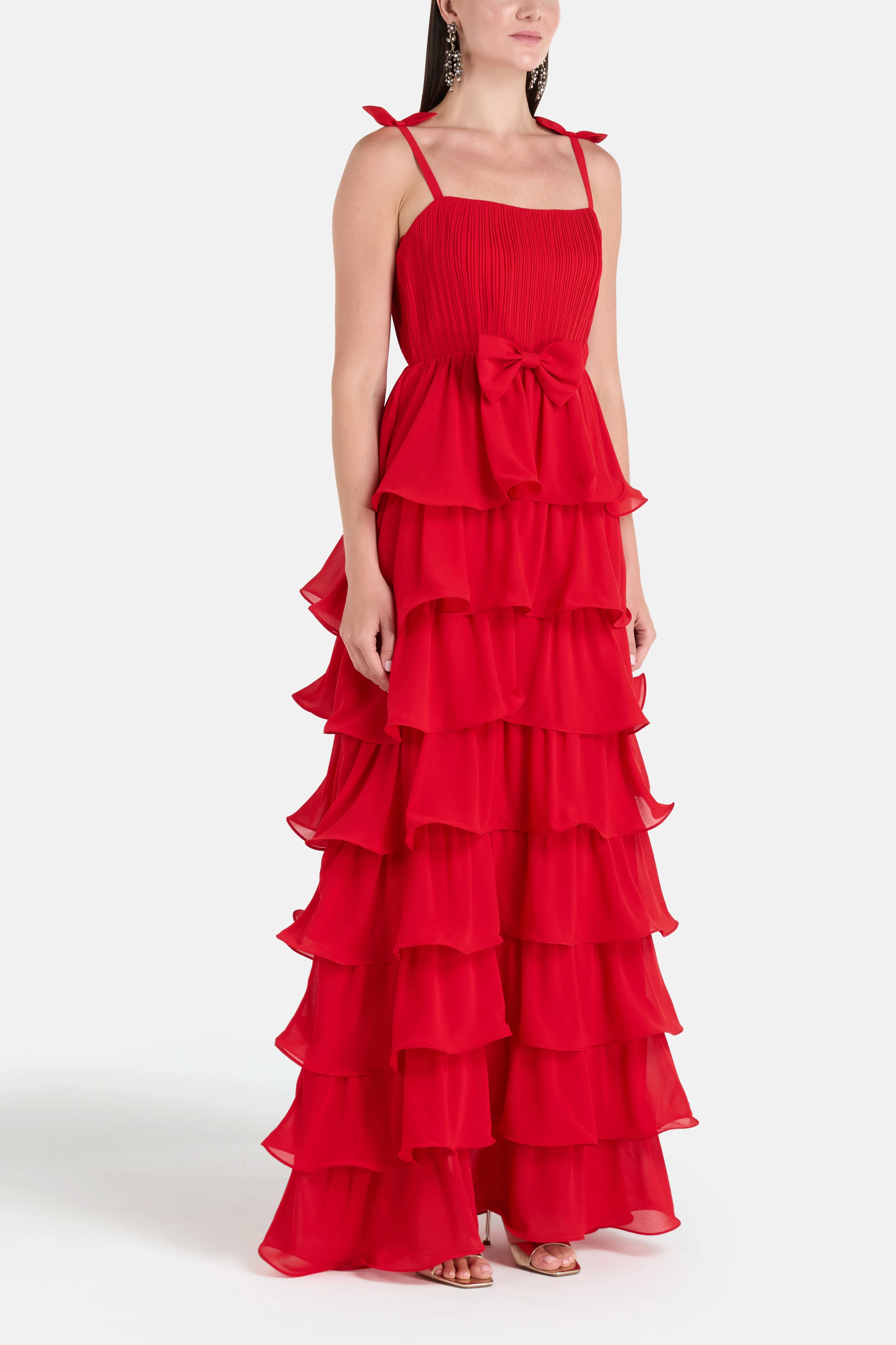 ALB London Romance Sleeveless Ruffle Evening Dress in Red