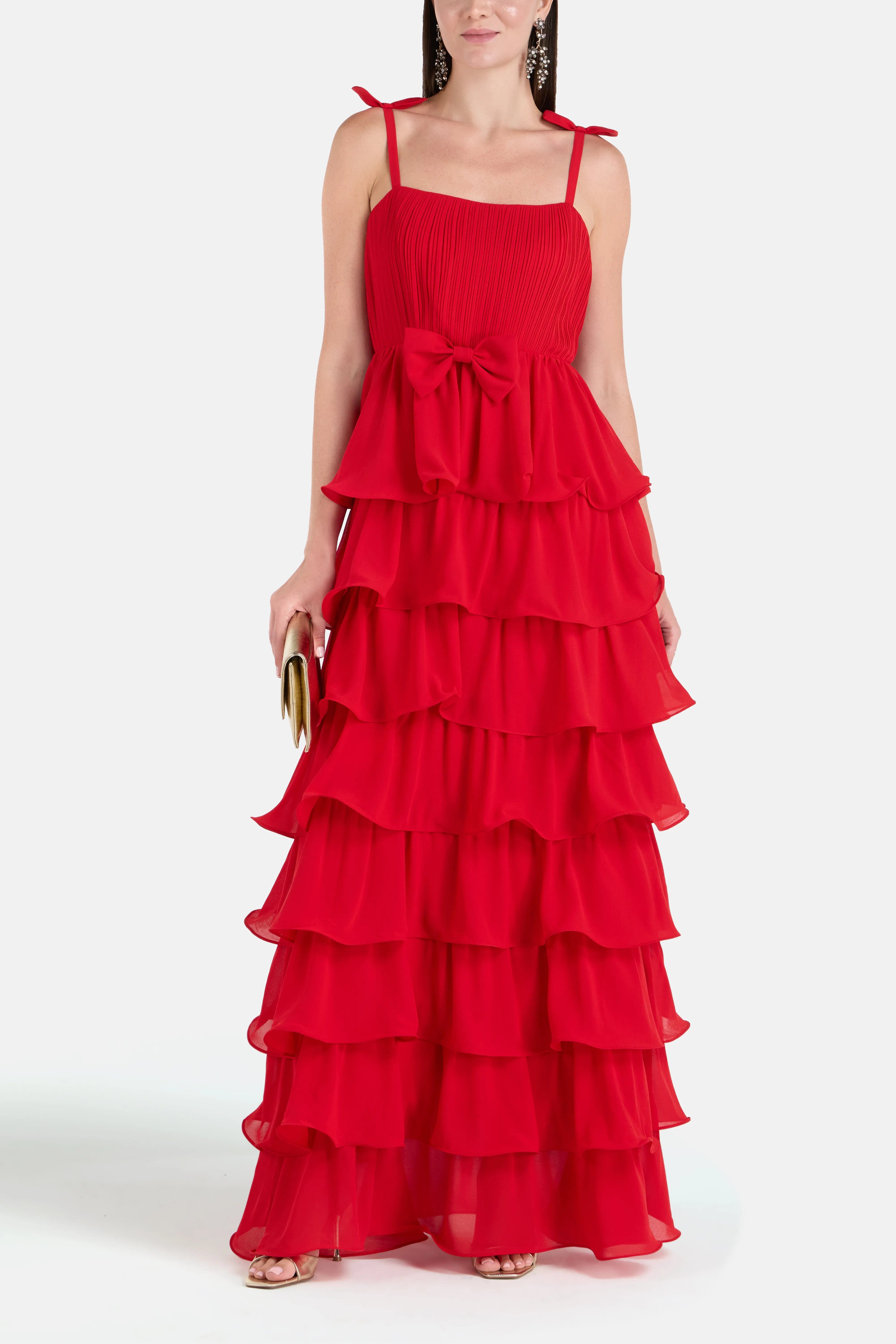 ALB London Romance Sleeveless Ruffle Evening Dress in Red