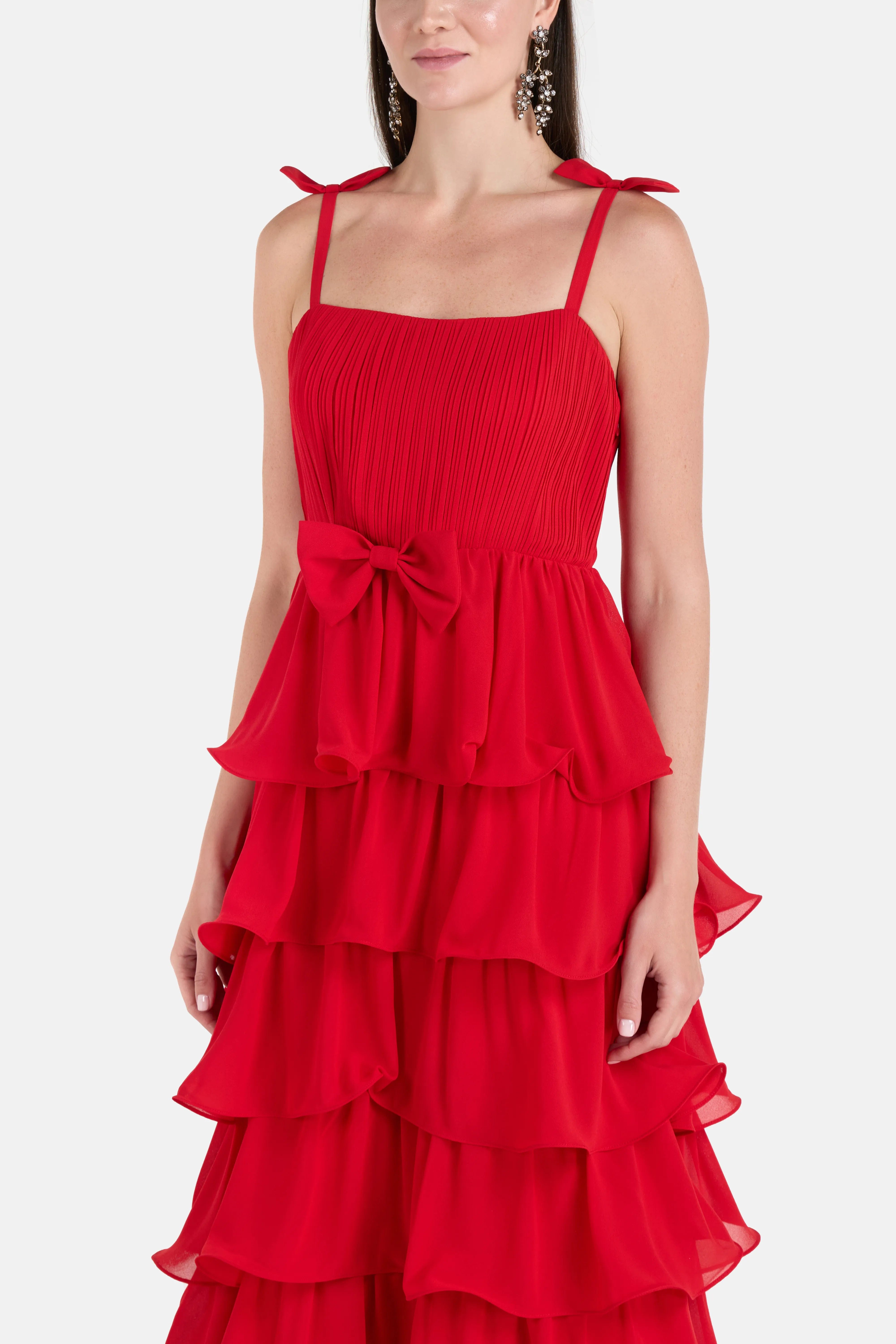 ALB London Romance Sleeveless Ruffle Evening Dress in Red
