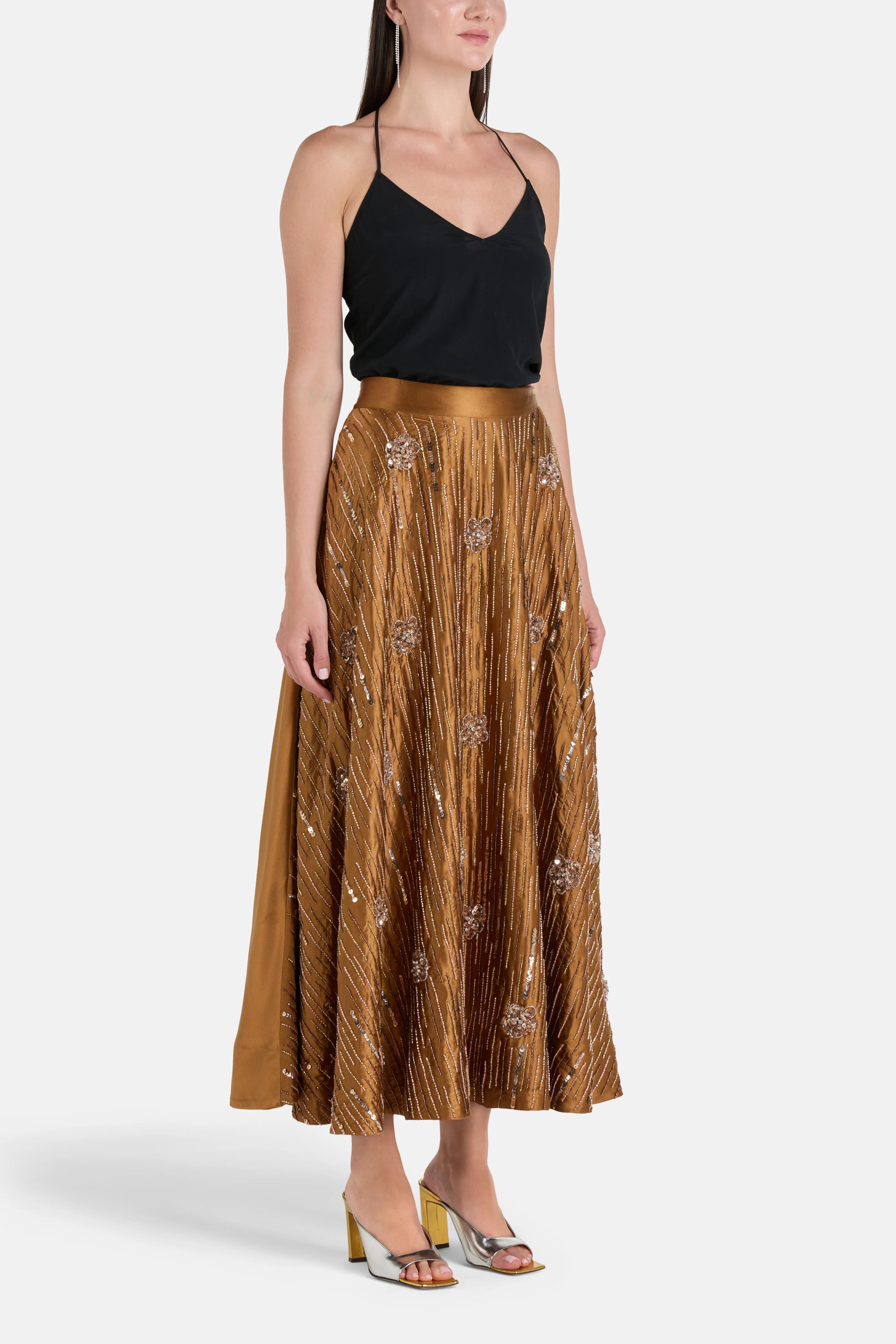 Ilta Silk Embellished Maxi Skirt in Brown