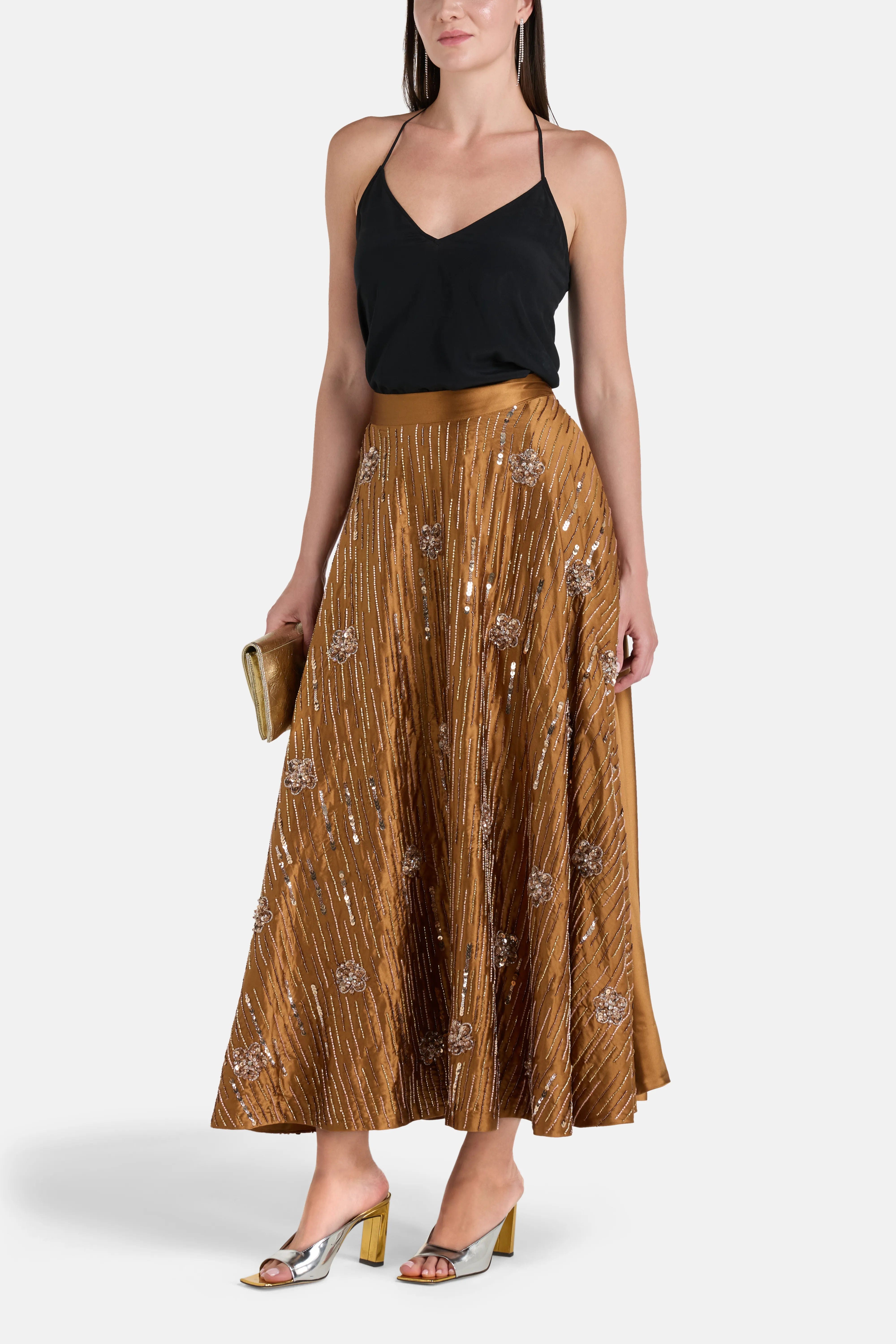 Ilta Silk Embellished Maxi Skirt in Brown