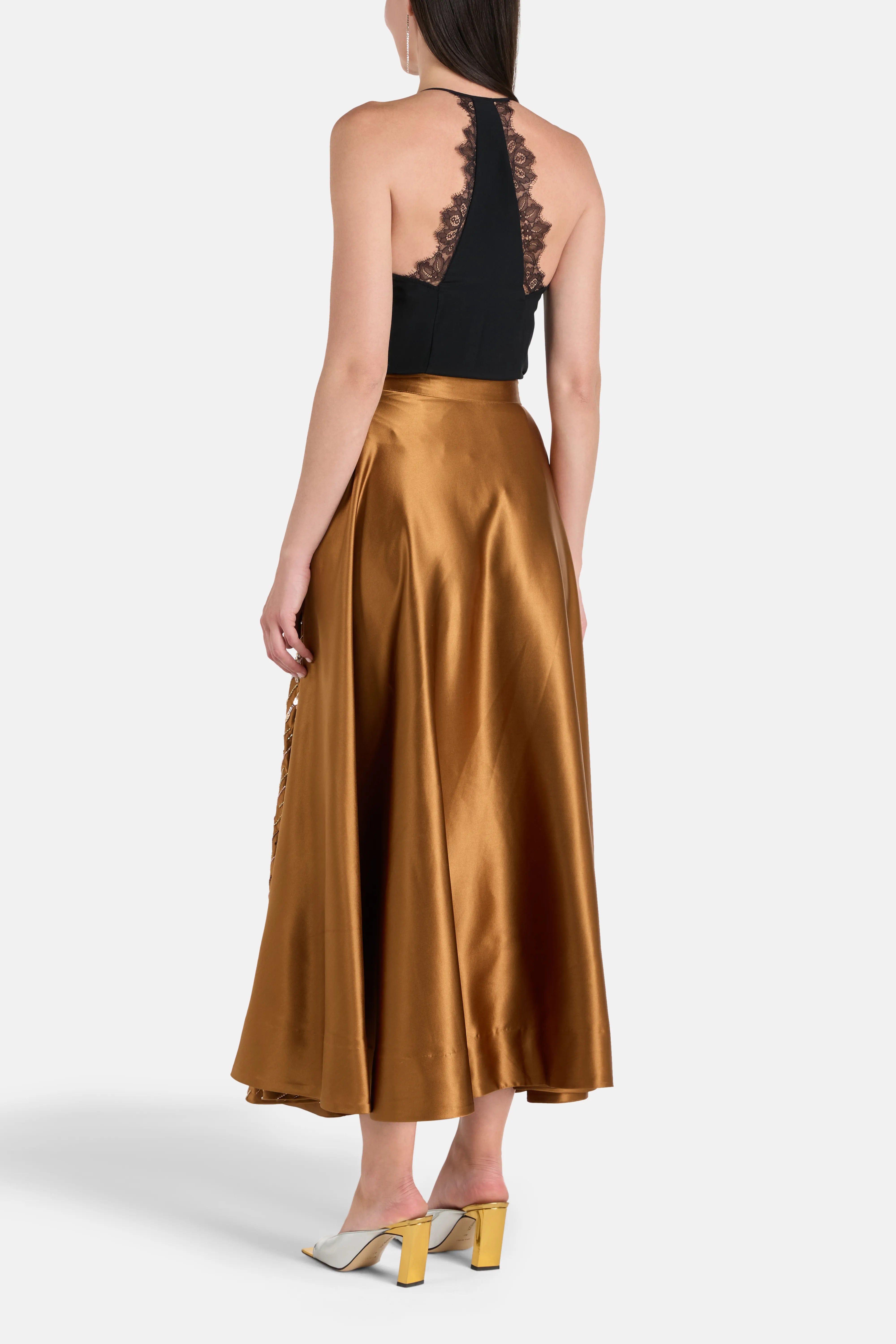 Ilta Silk Embellished Maxi Skirt in Brown
