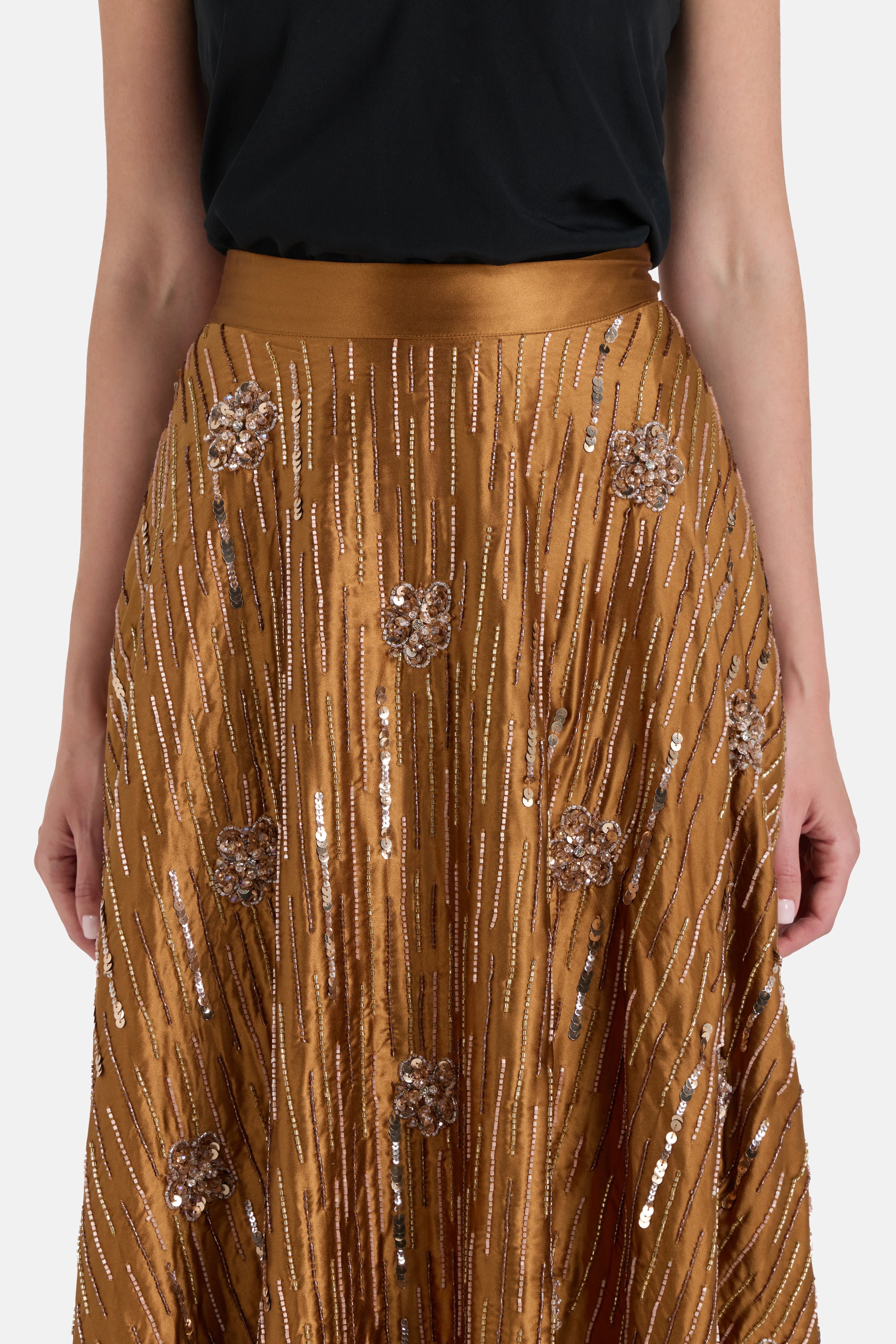 Ilta Silk Embellished Maxi Skirt in Brown