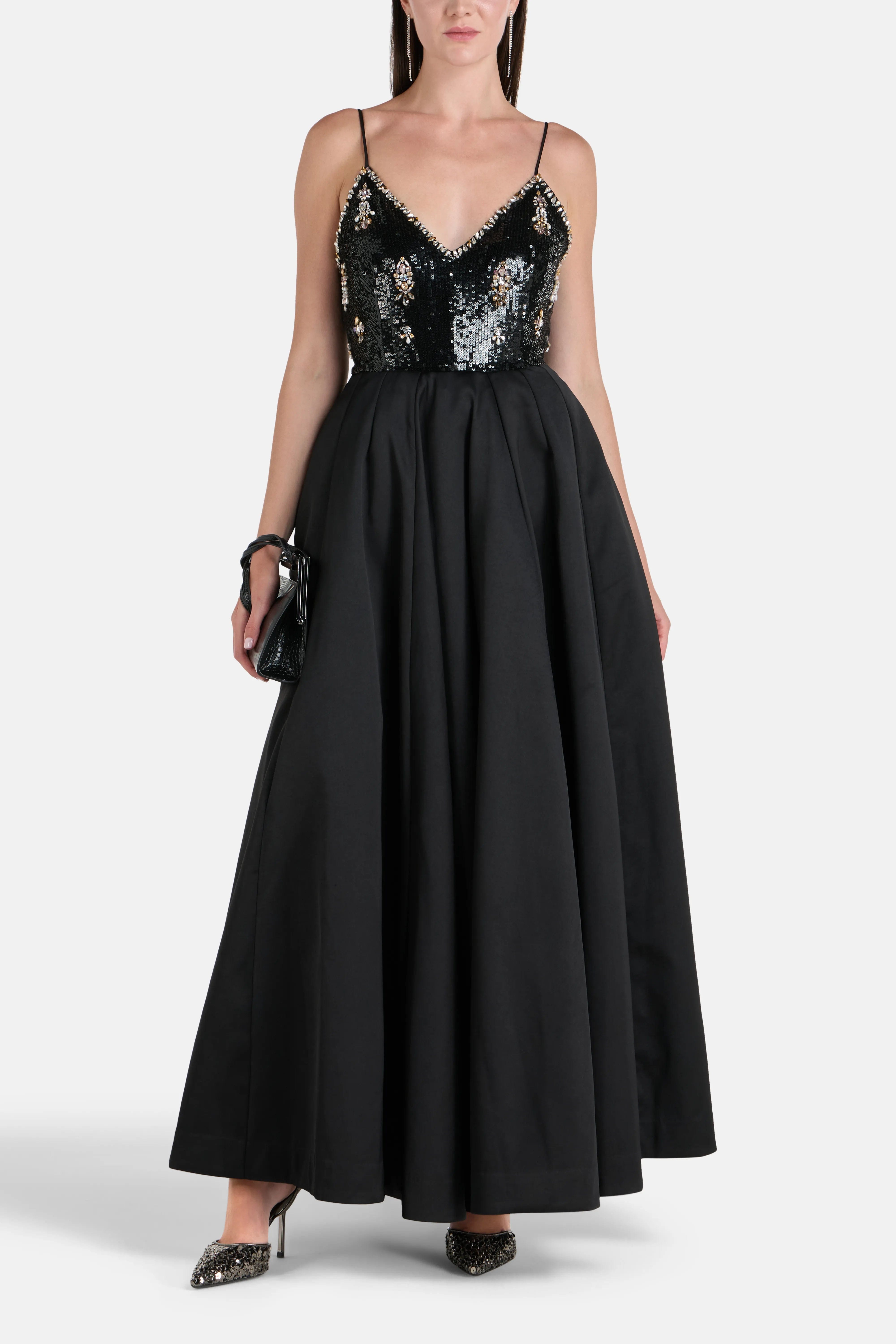 Ilta Sleeveless Embellished V-Neck Evening Dress in Black