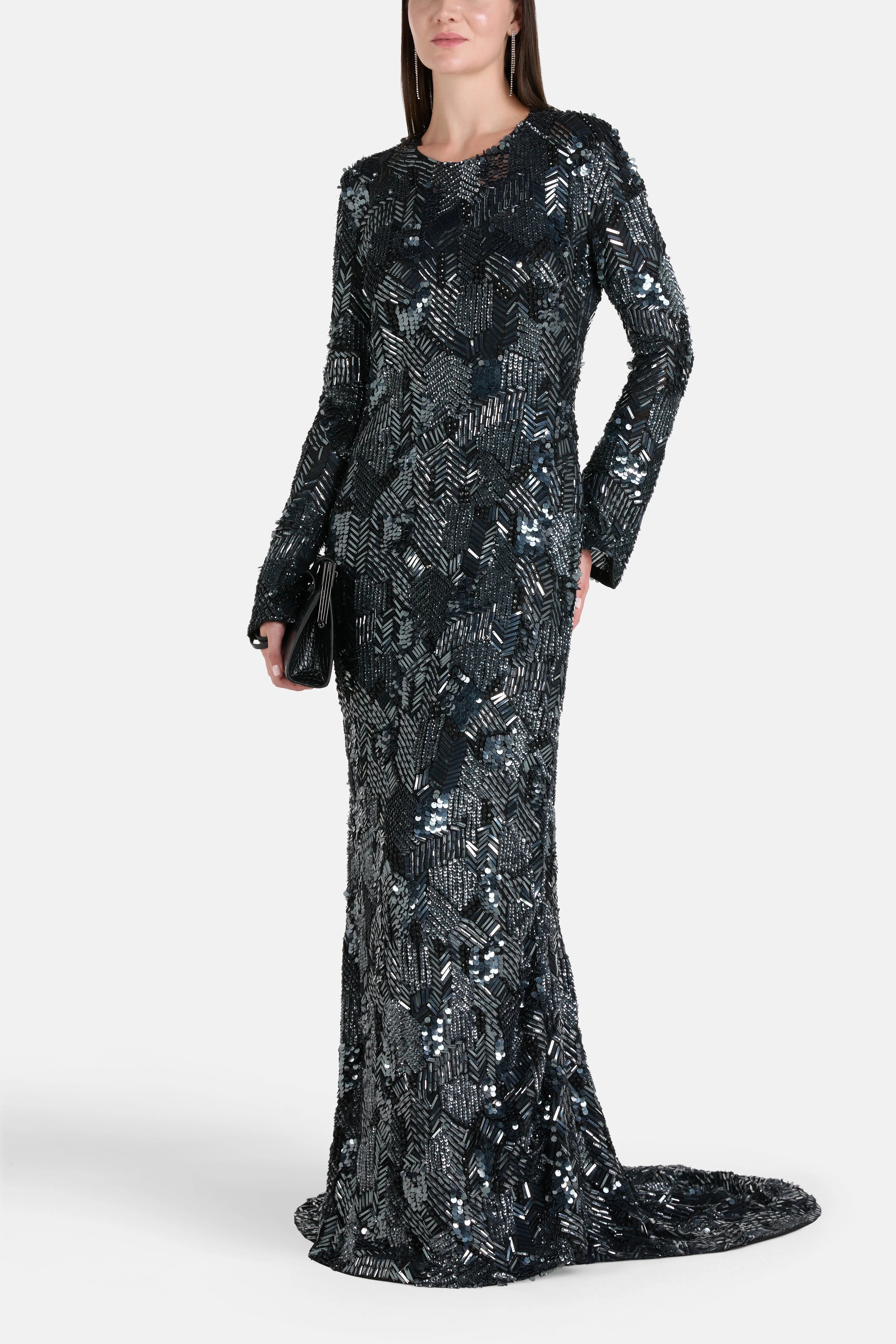 Ilta Long Sleeves Embellished Evening Dress with Train in Black