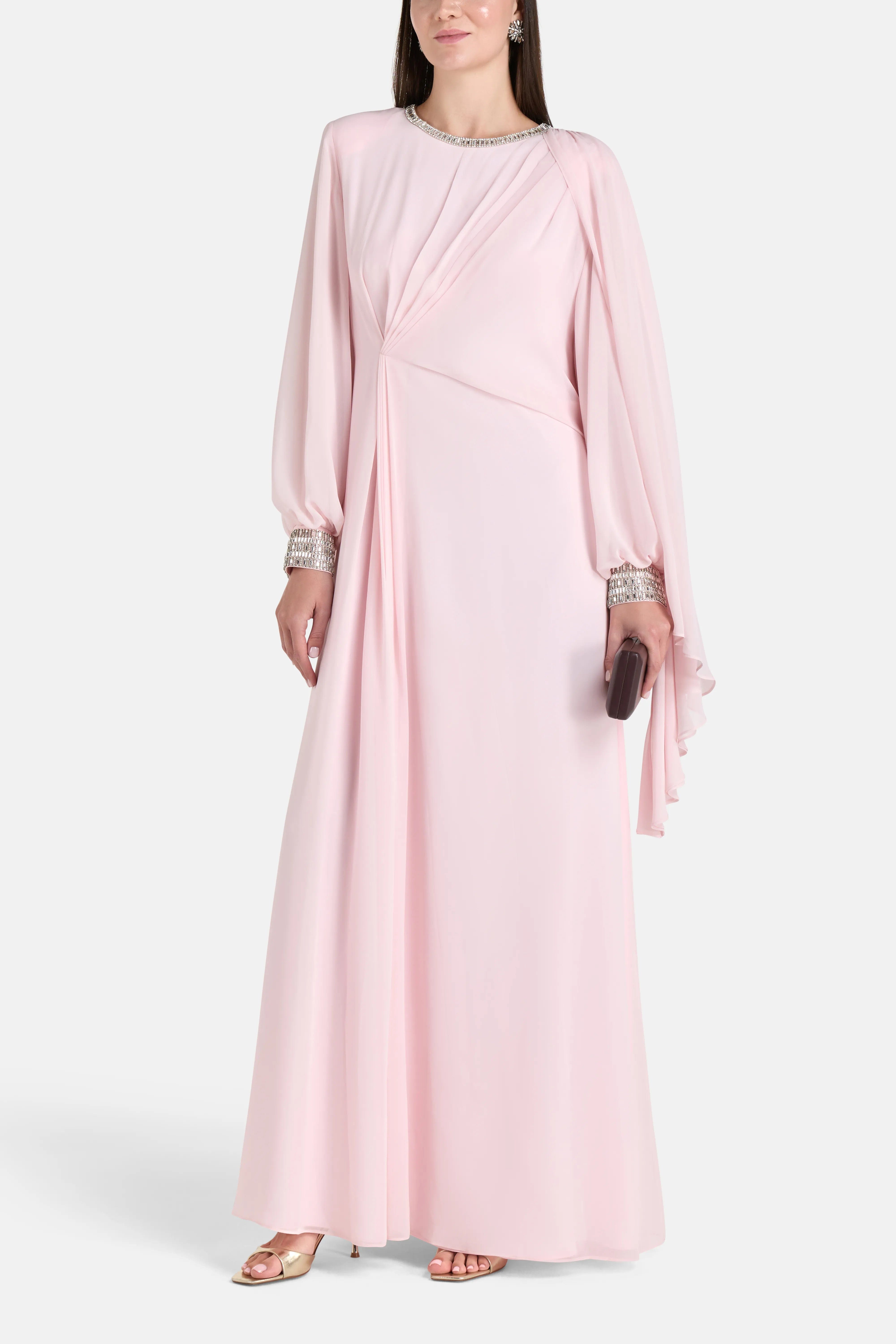 COPURS Tanya Long Sleeves Embellished Evening Dress in Pink