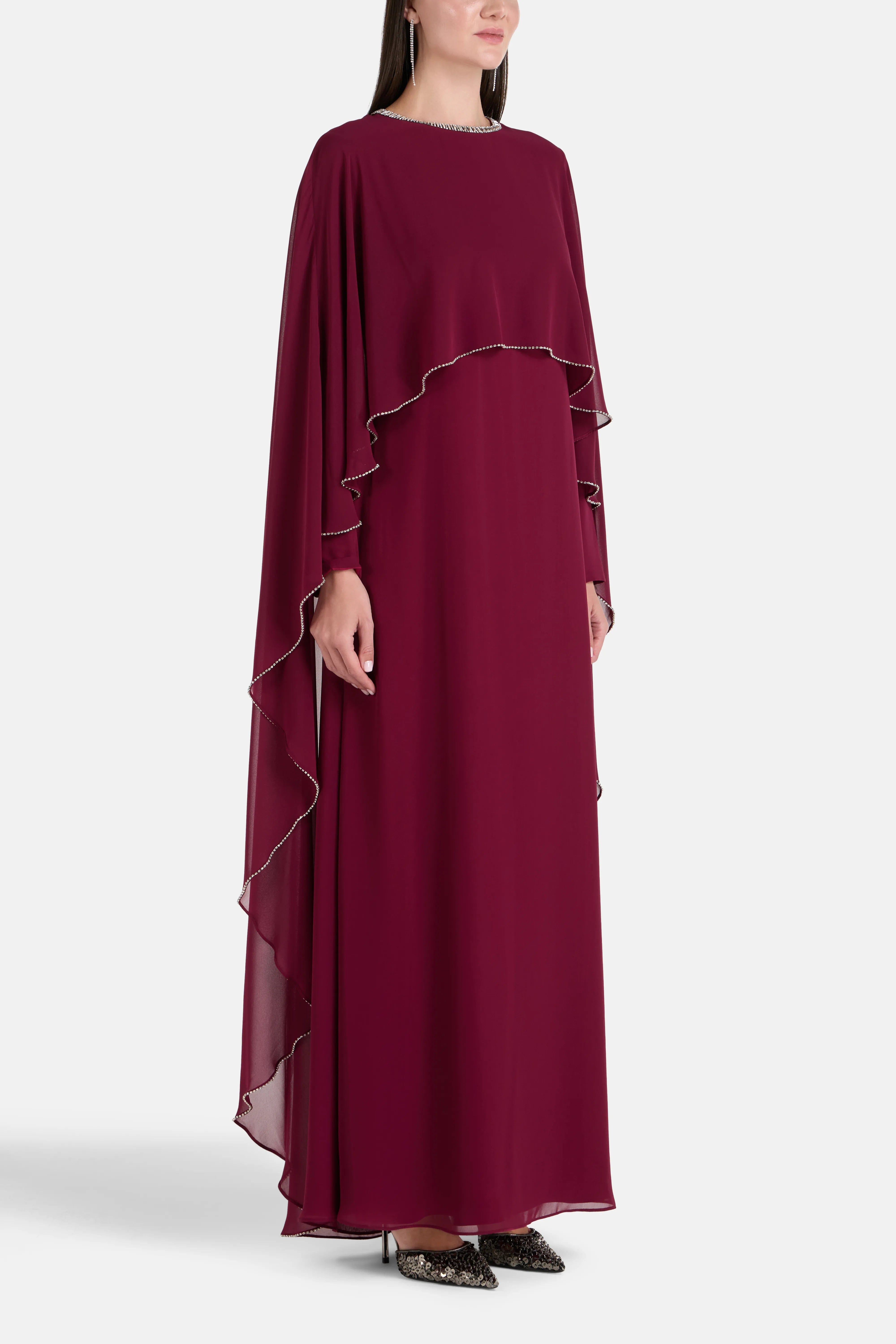 COPURS Samira Cape Sleeves Embellished Evening Dress in Burgundy