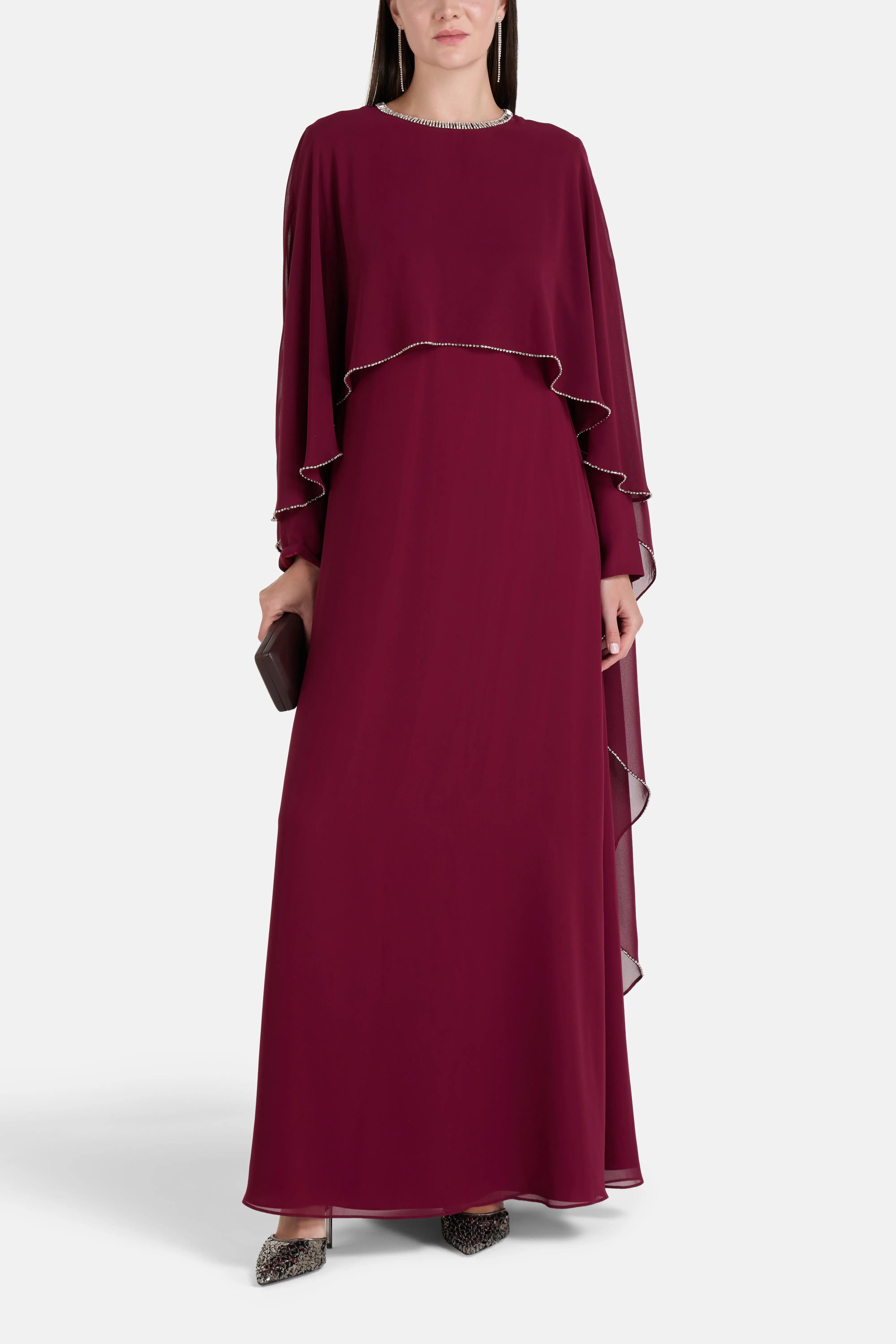 COPURS Samira Cape Sleeves Embellished Evening Dress in Burgundy