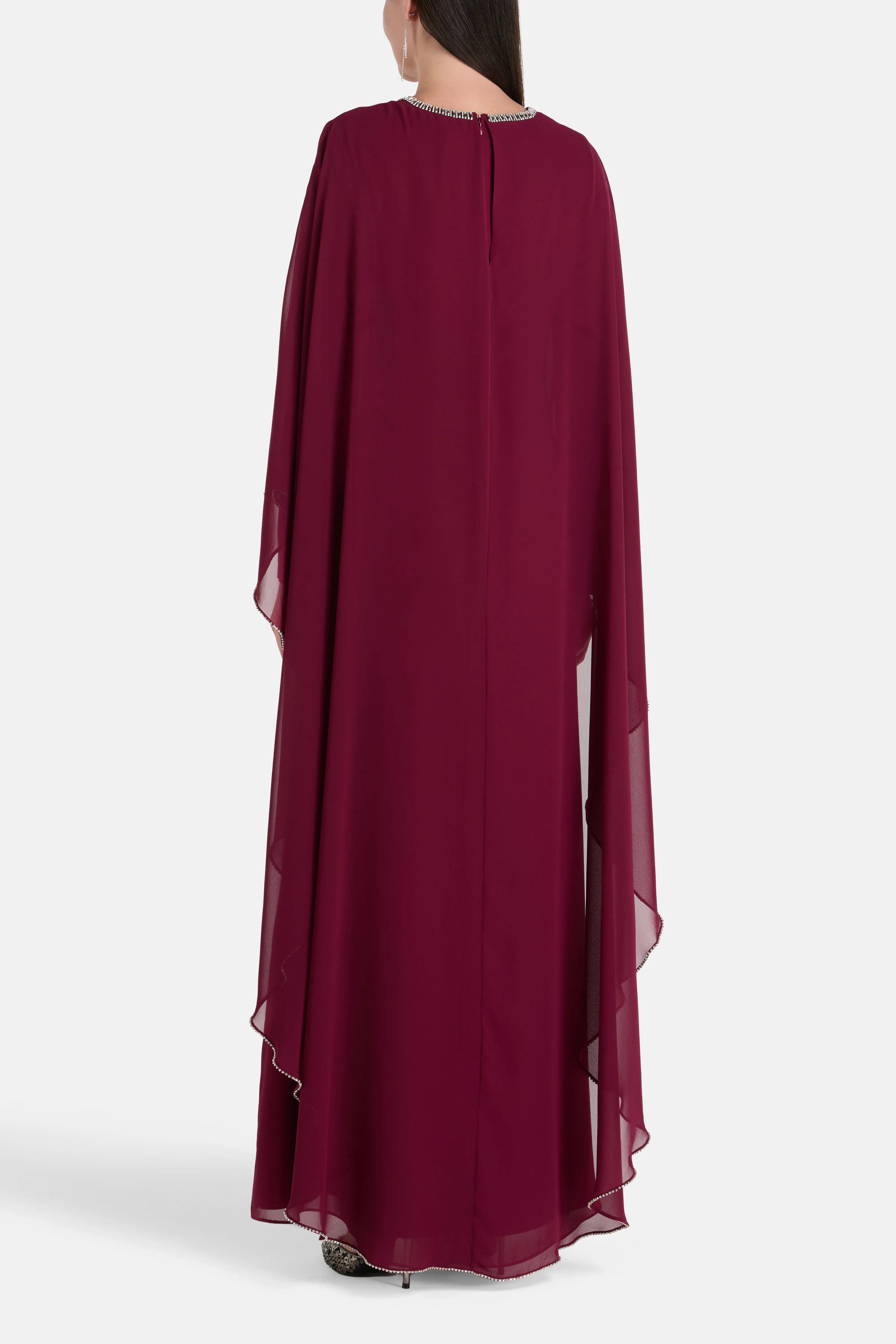 COPURS Samira Cape Sleeves Embellished Evening Dress in Burgundy