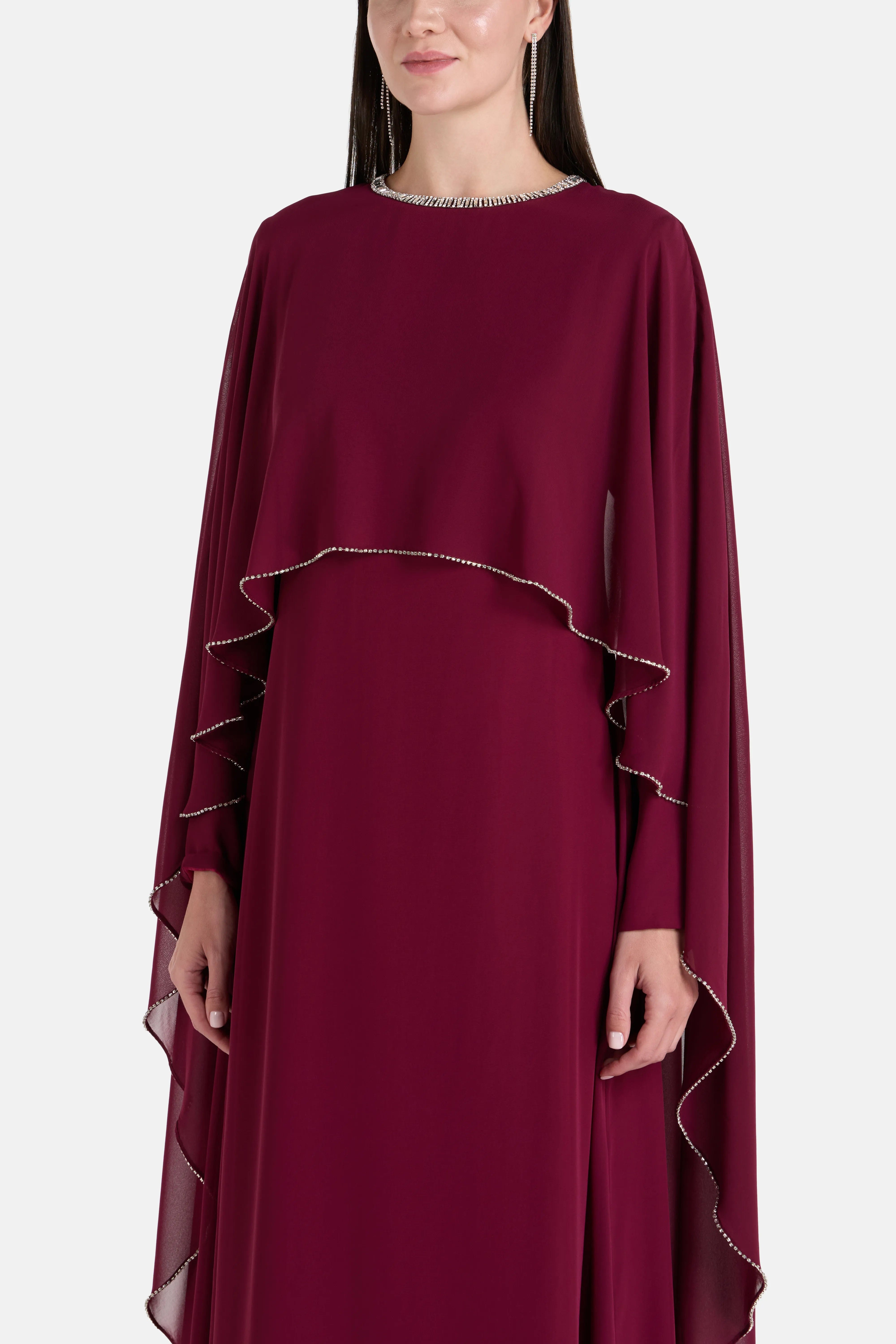 COPURS Samira Cape Sleeves Embellished Evening Dress in Burgundy