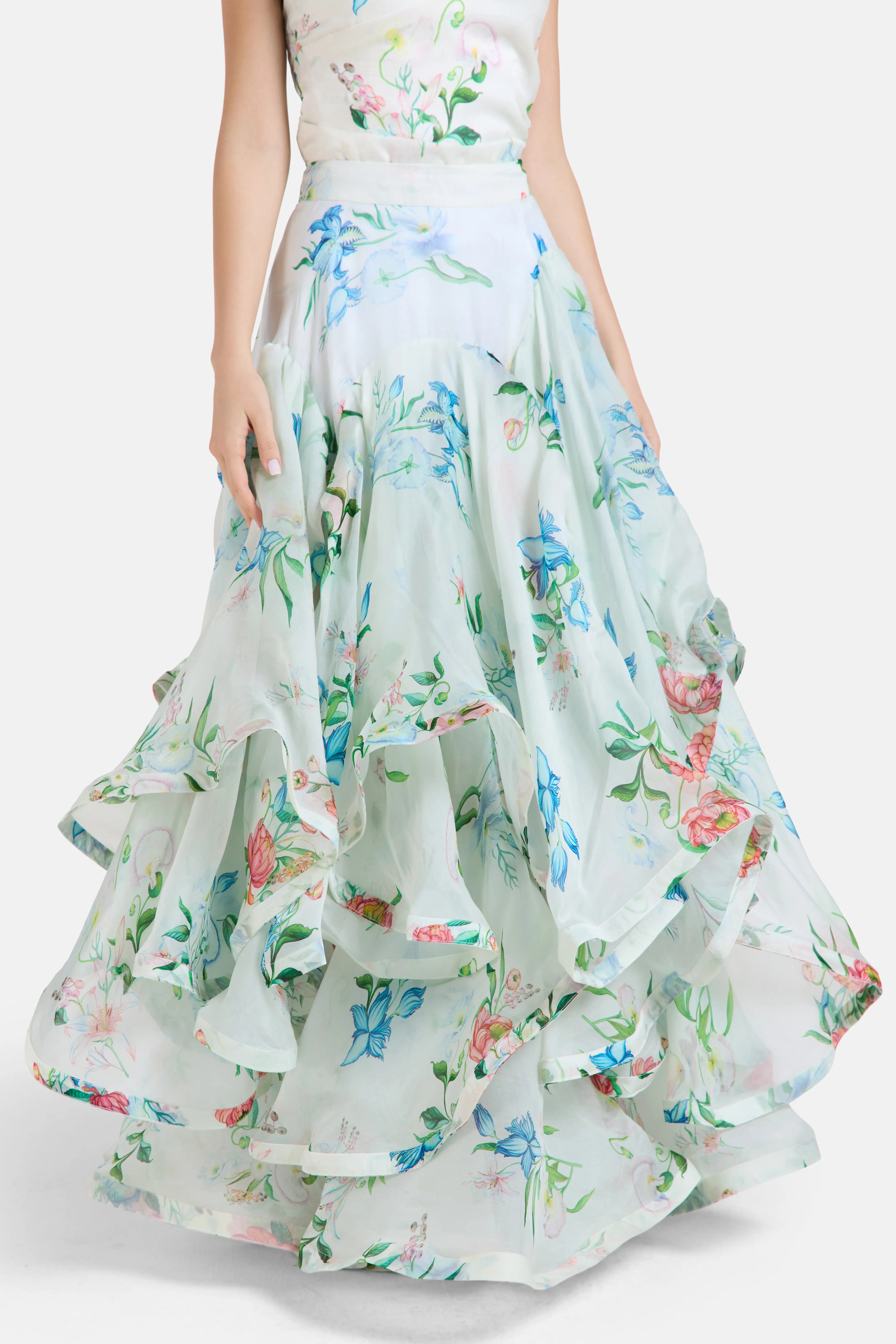 LA FUORI Petal Cascade Flounce Floral Maxi Skirt in White