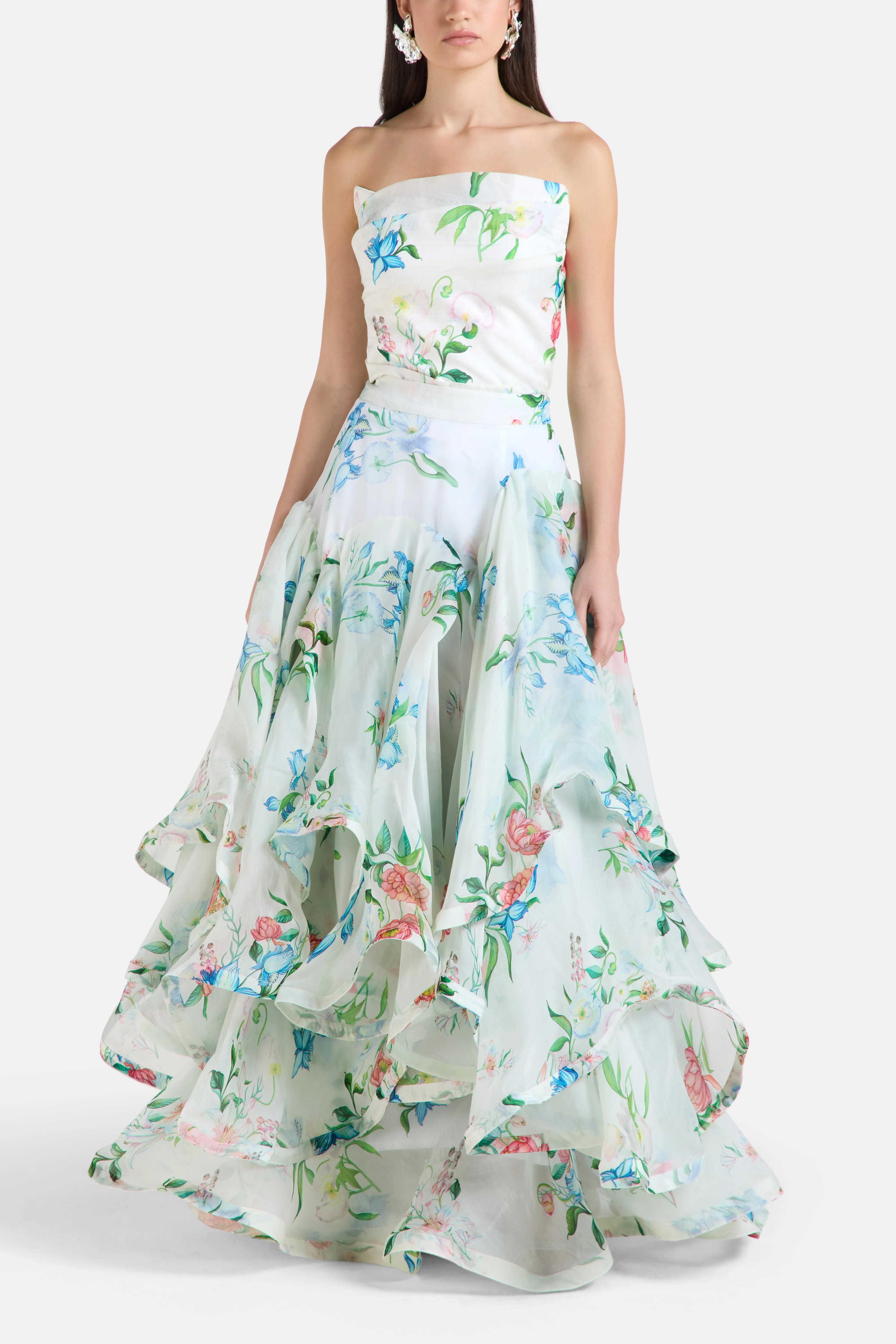 LA FUORI Petal Cascade Flounce Floral Maxi Skirt in White