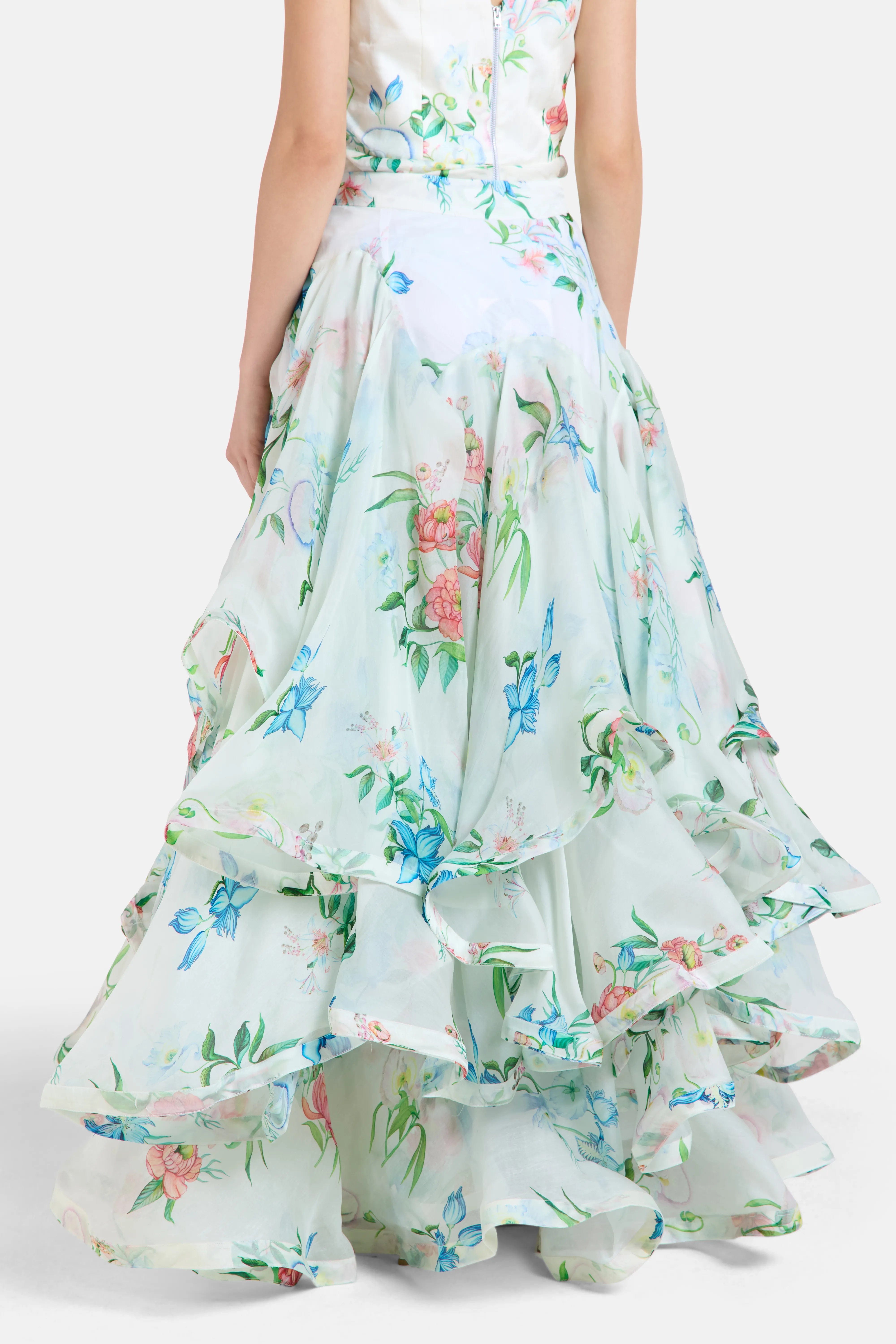 LA FUORI Petal Cascade Flounce Floral Maxi Skirt in White