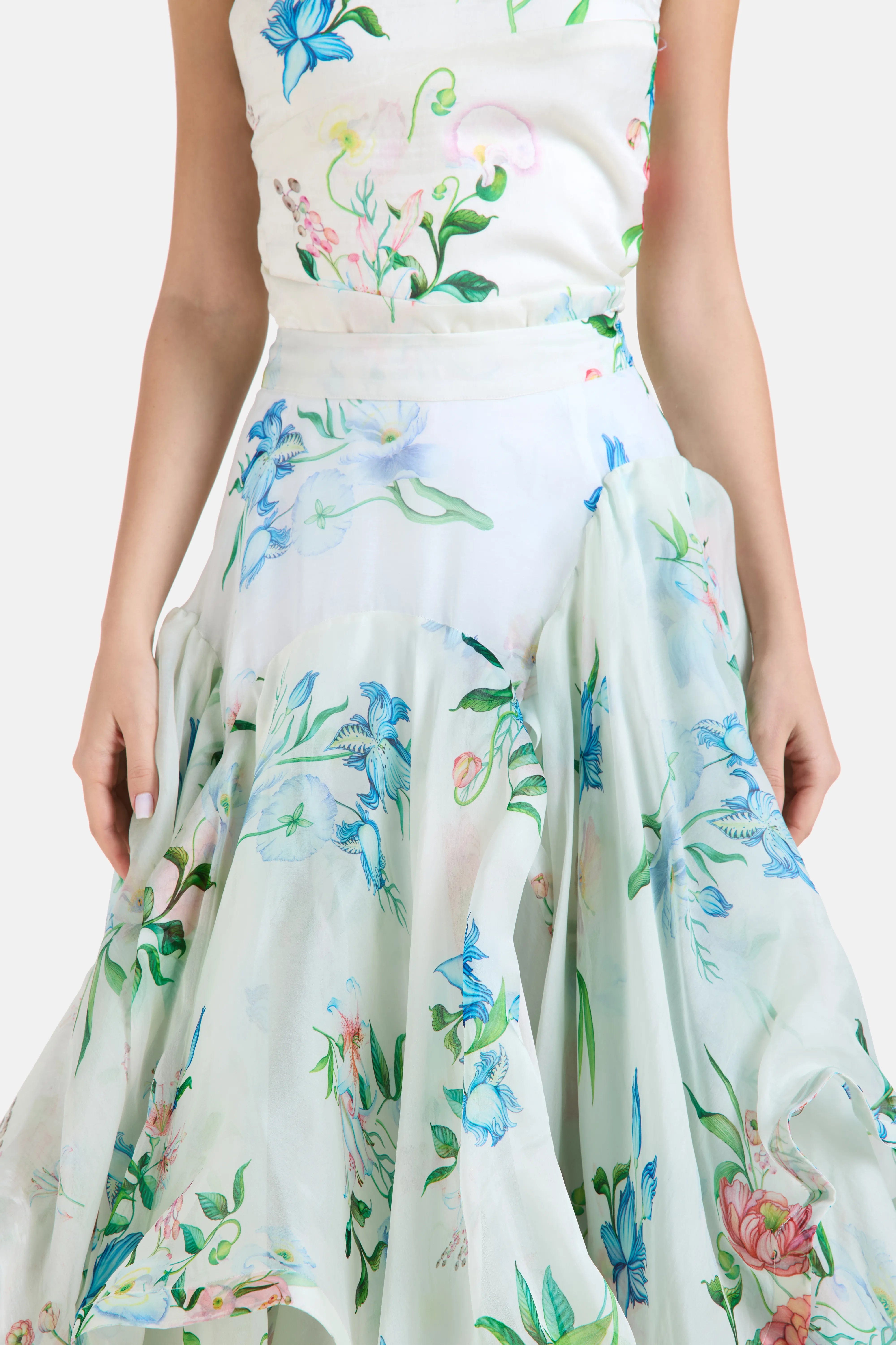 LA FUORI Petal Cascade Flounce Floral Maxi Skirt in White