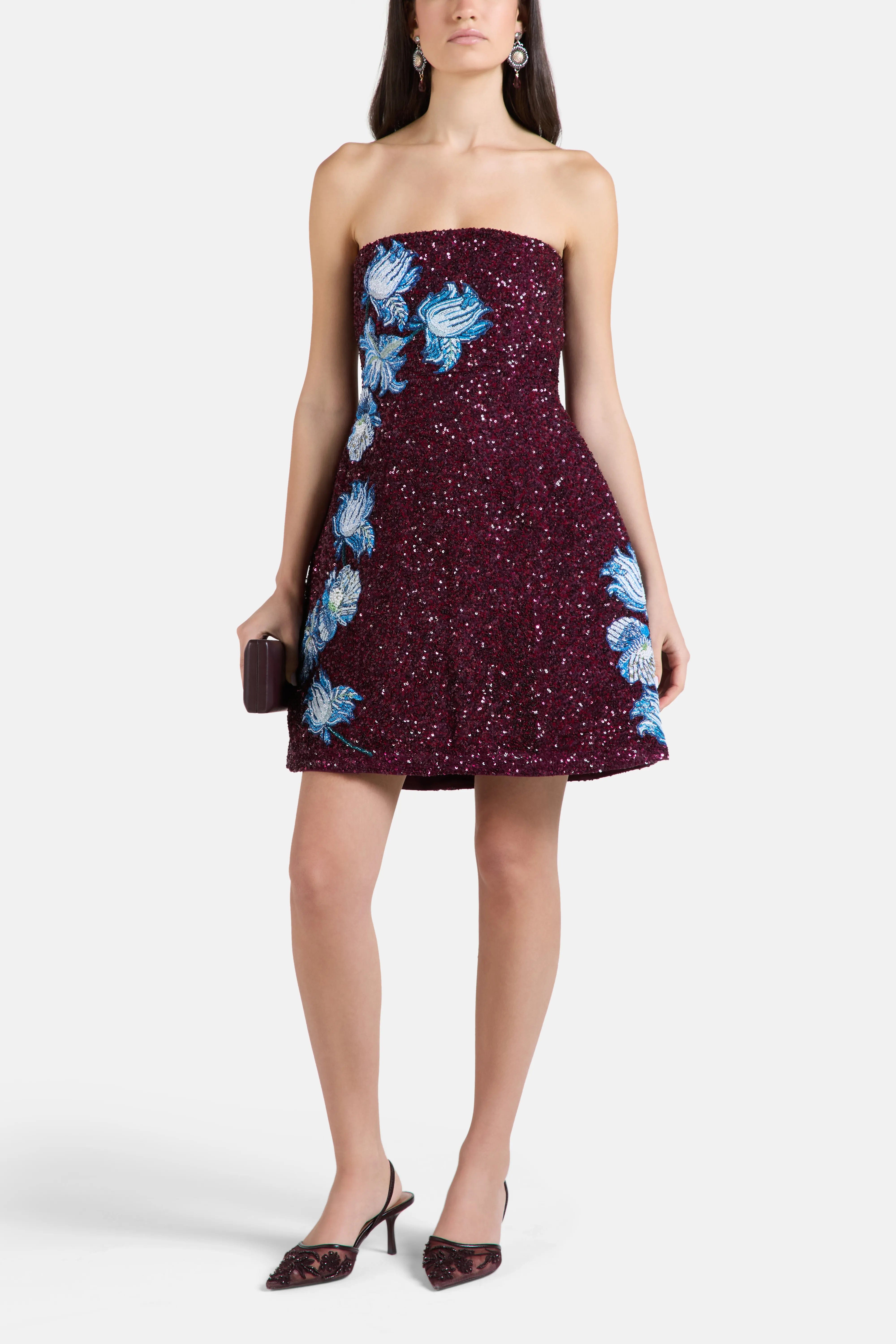 LA FUORI Floral Embroidered Strapless Sequins Mini Dress in Burgundy