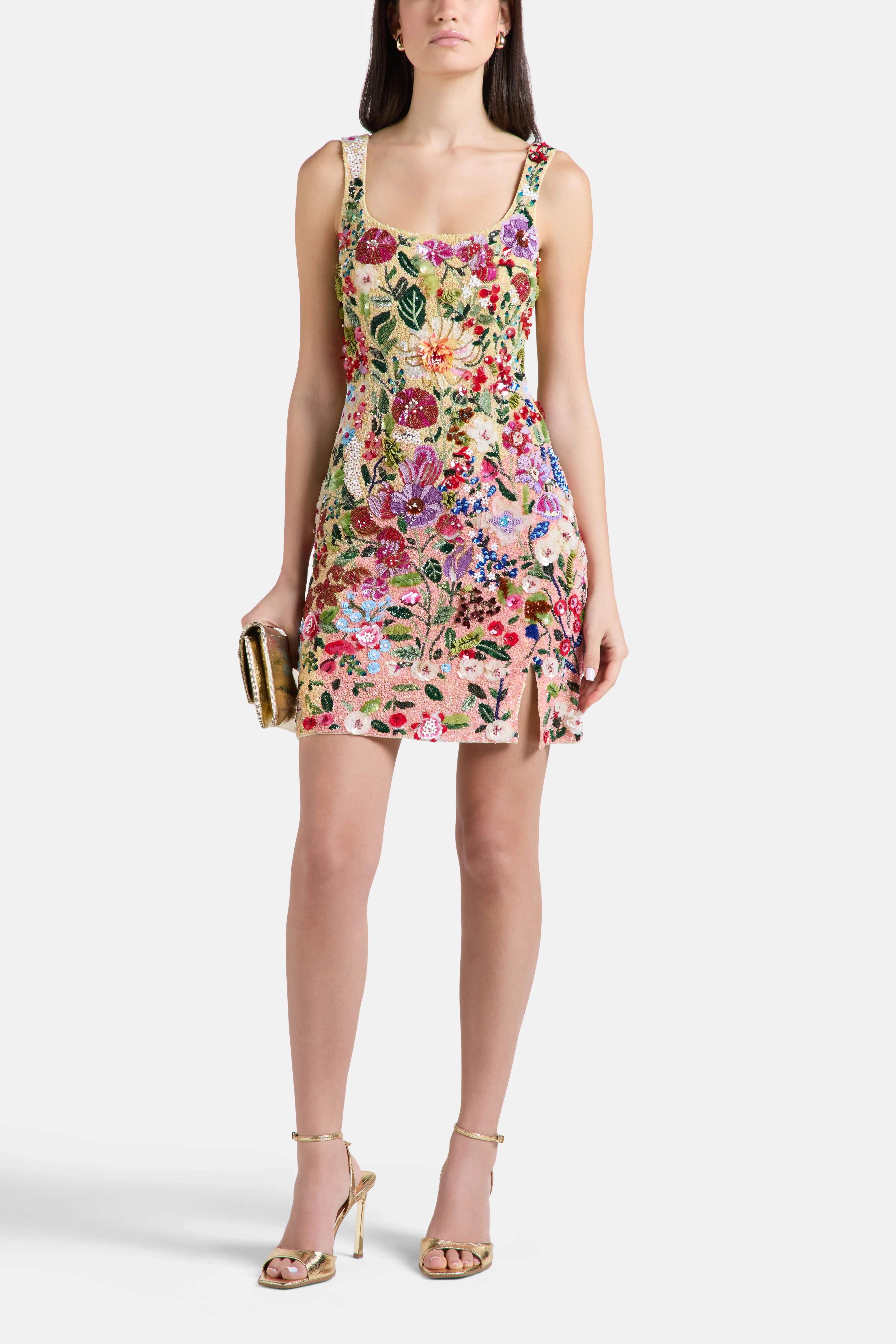 LA FUORI Botanical Symphony Floral Sleeveless Sequins Mini Dress in Pink