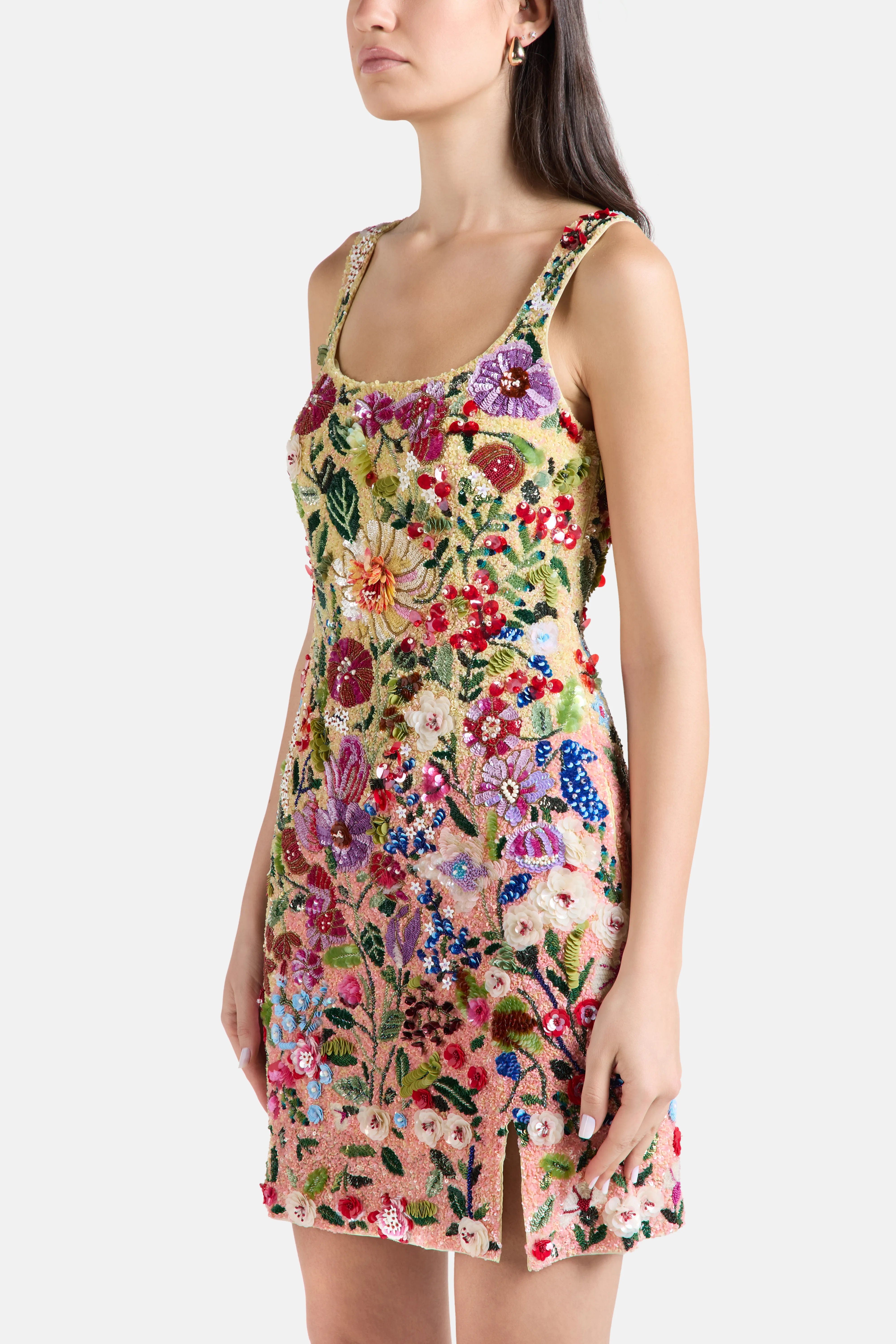 LA FUORI Botanical Symphony Floral Sleeveless Sequins Mini Dress in Pink