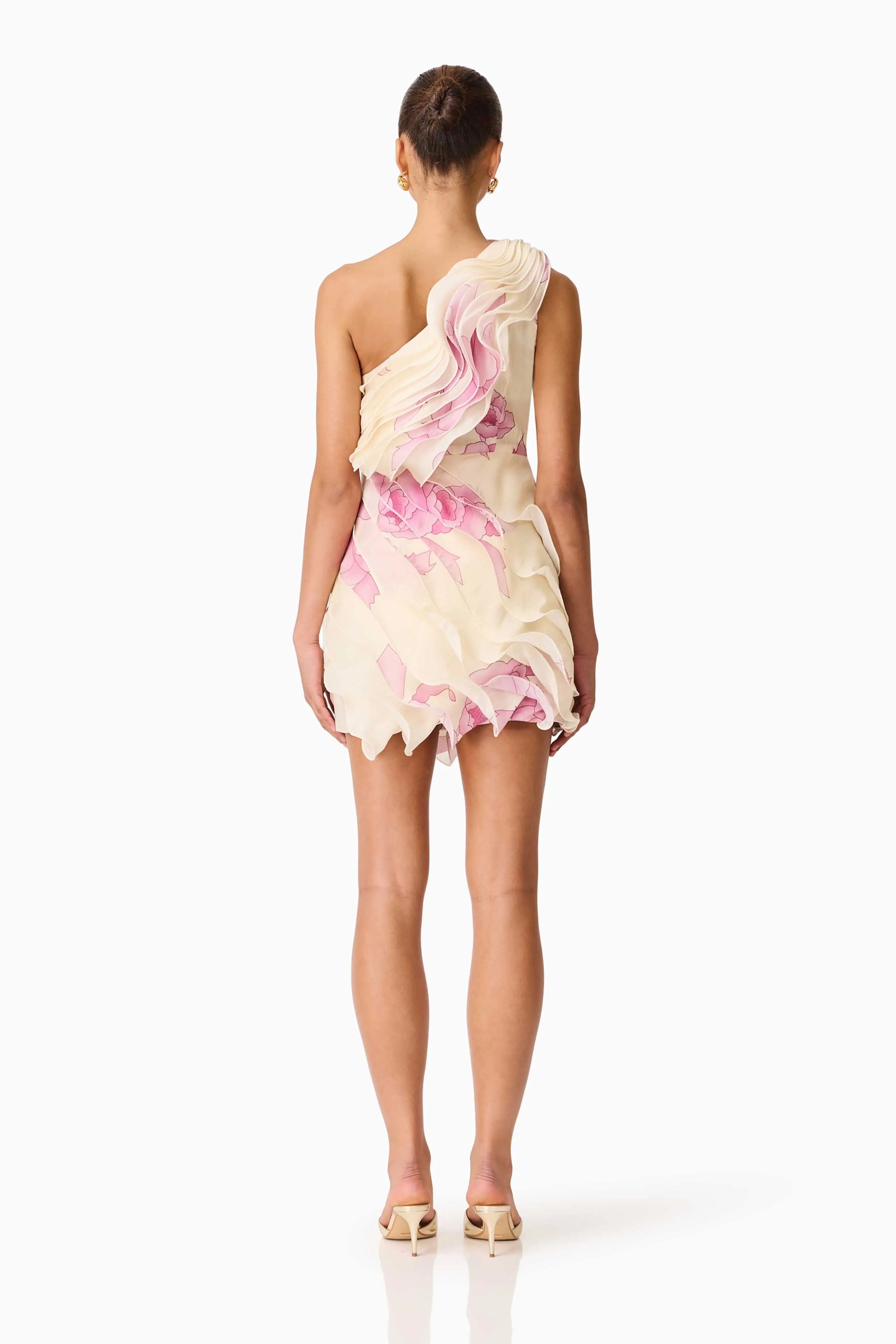 ELLIATT Rova One Shoulder Floral Mini Dress in Cream