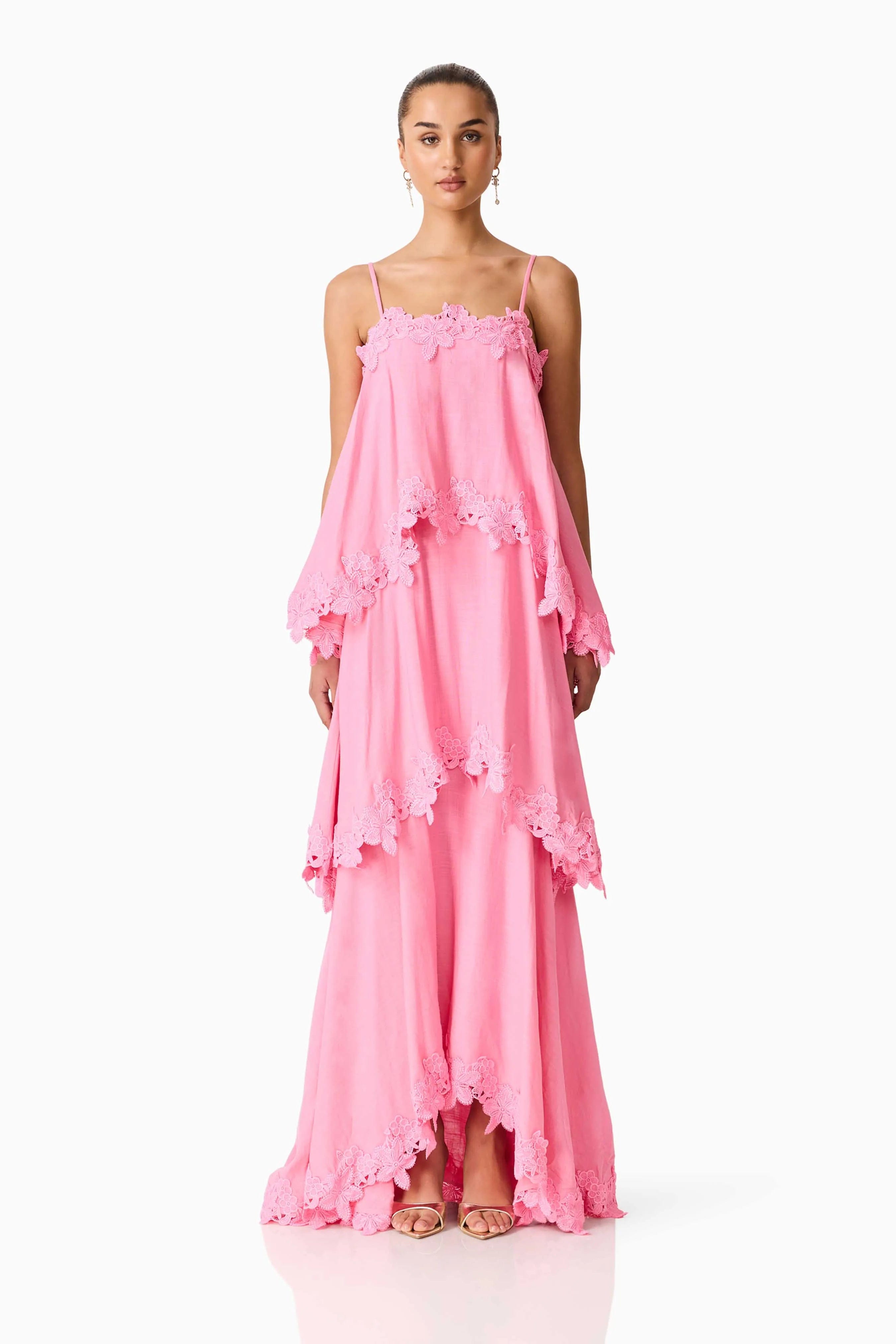 ELLIATT Miri Floral Tiered Sleeveless Linen Maxi Dress in Pink