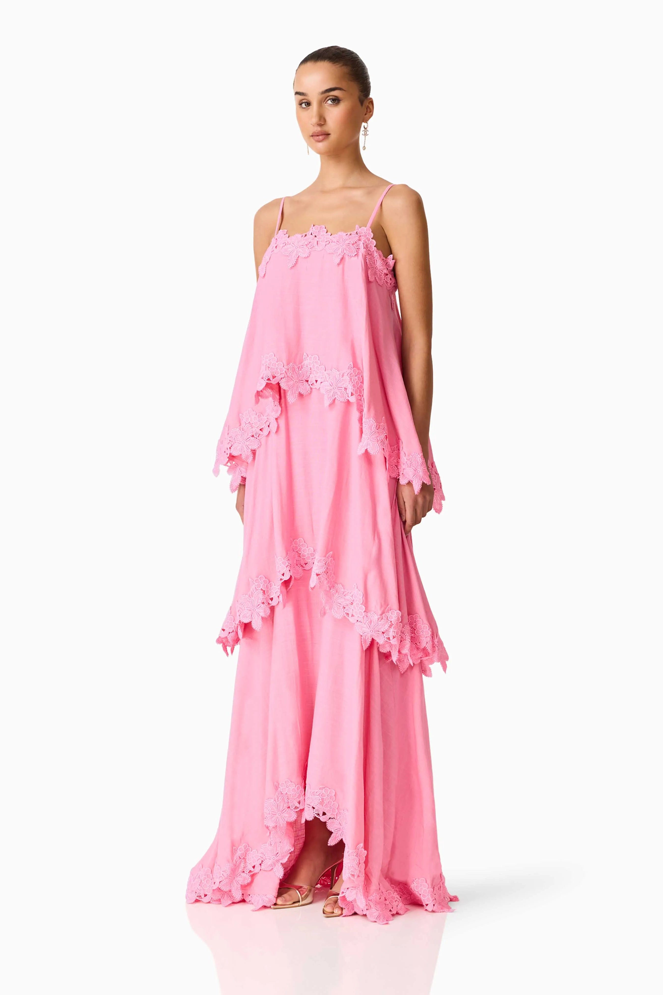 ELLIATT Miri Floral Tiered Sleeveless Linen Maxi Dress in Pink