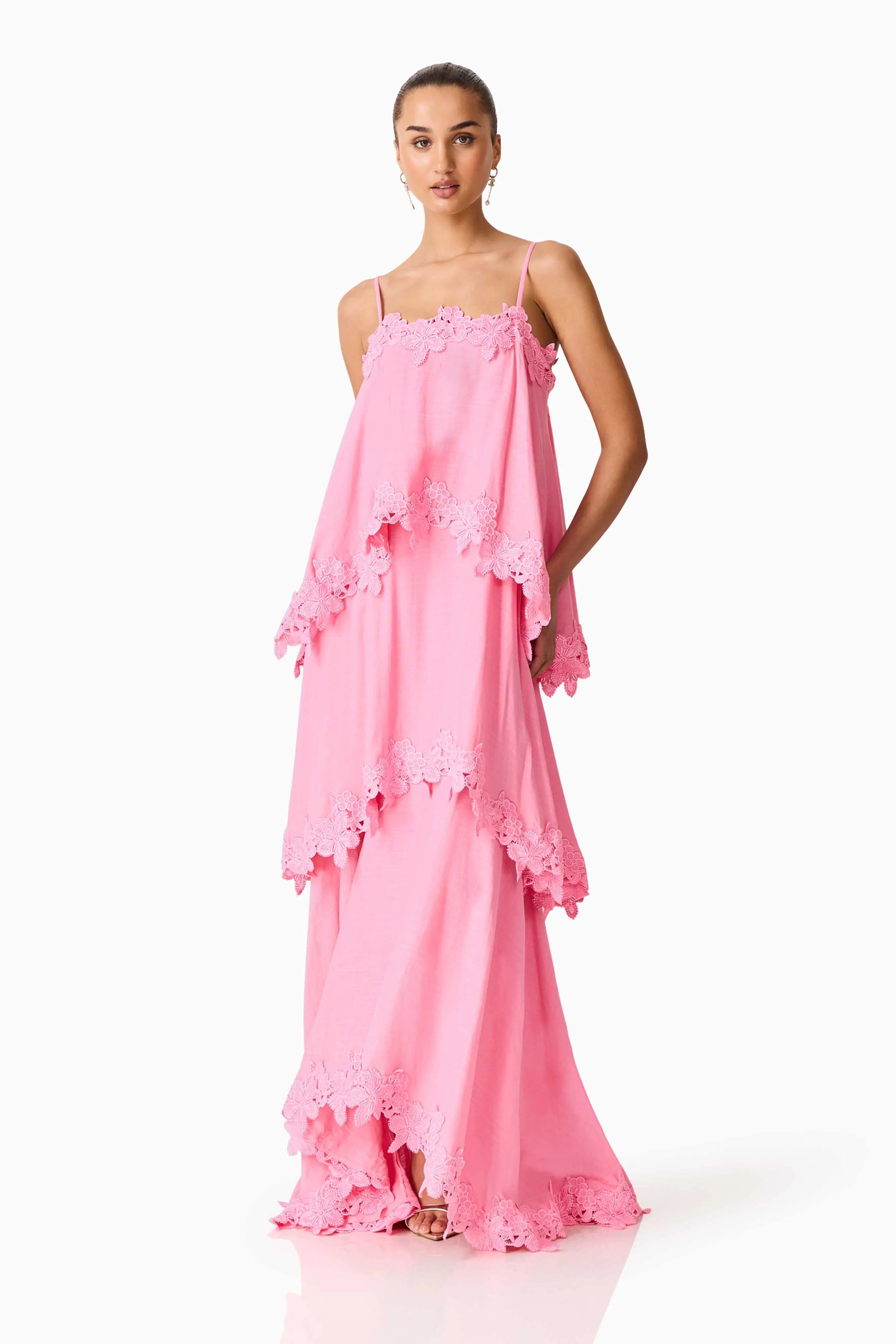 ELLIATT Miri Floral Tiered Sleeveless Linen Maxi Dress in Pink