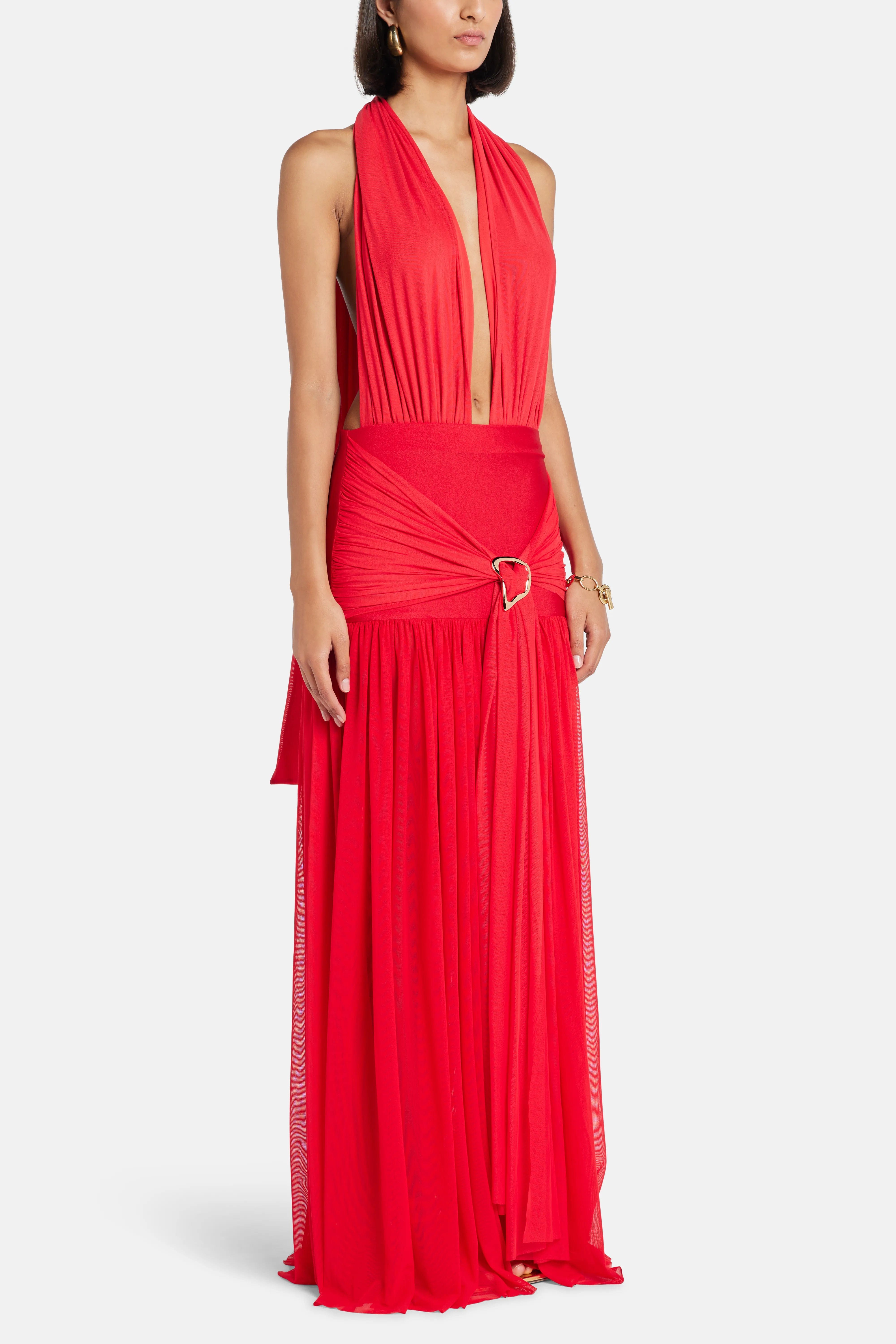 LEDIEL Capuccino Deep Cut Sleeveless Maxi Dress in Red