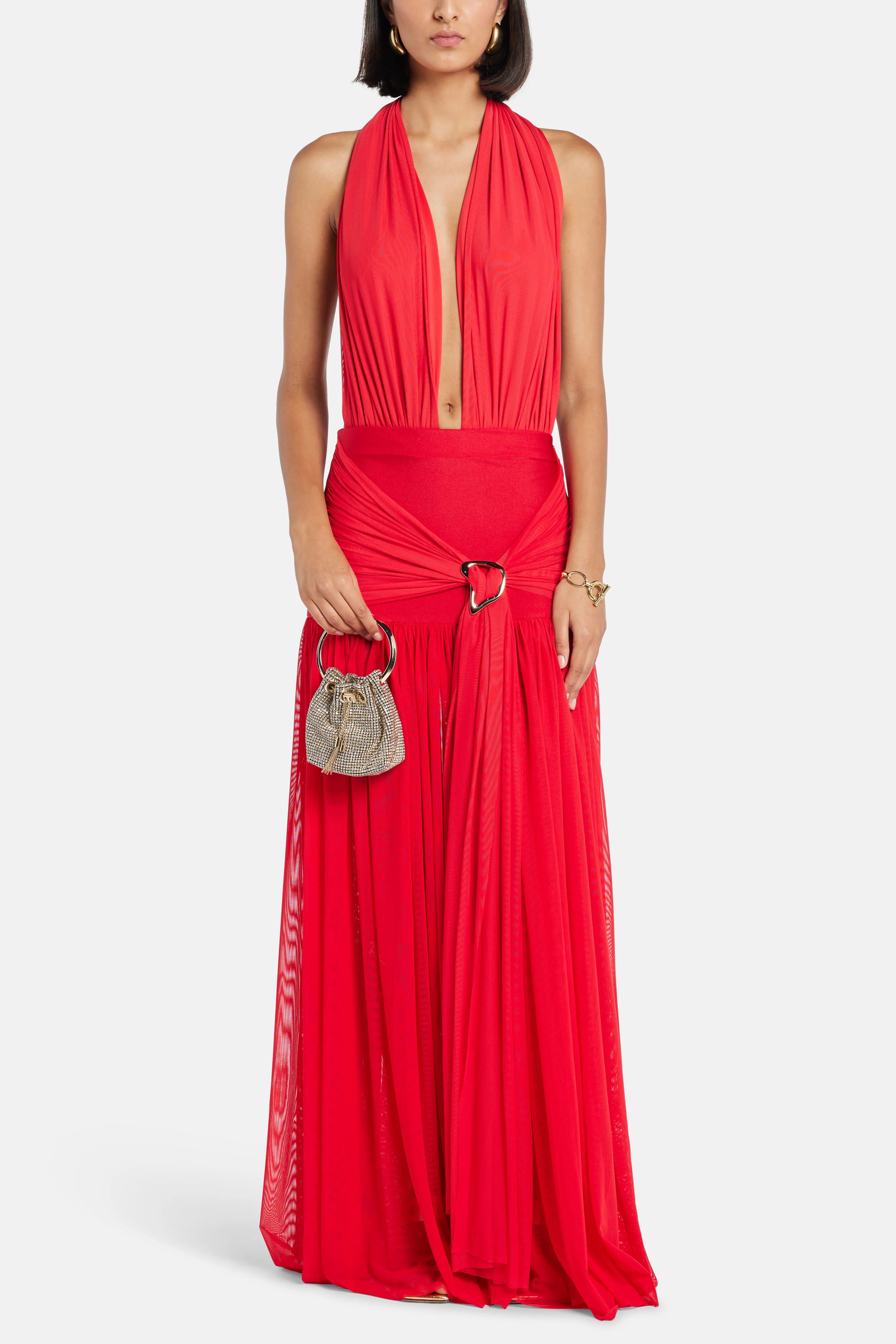 LEDIEL Capuccino Deep Cut Sleeveless Maxi Dress in Red