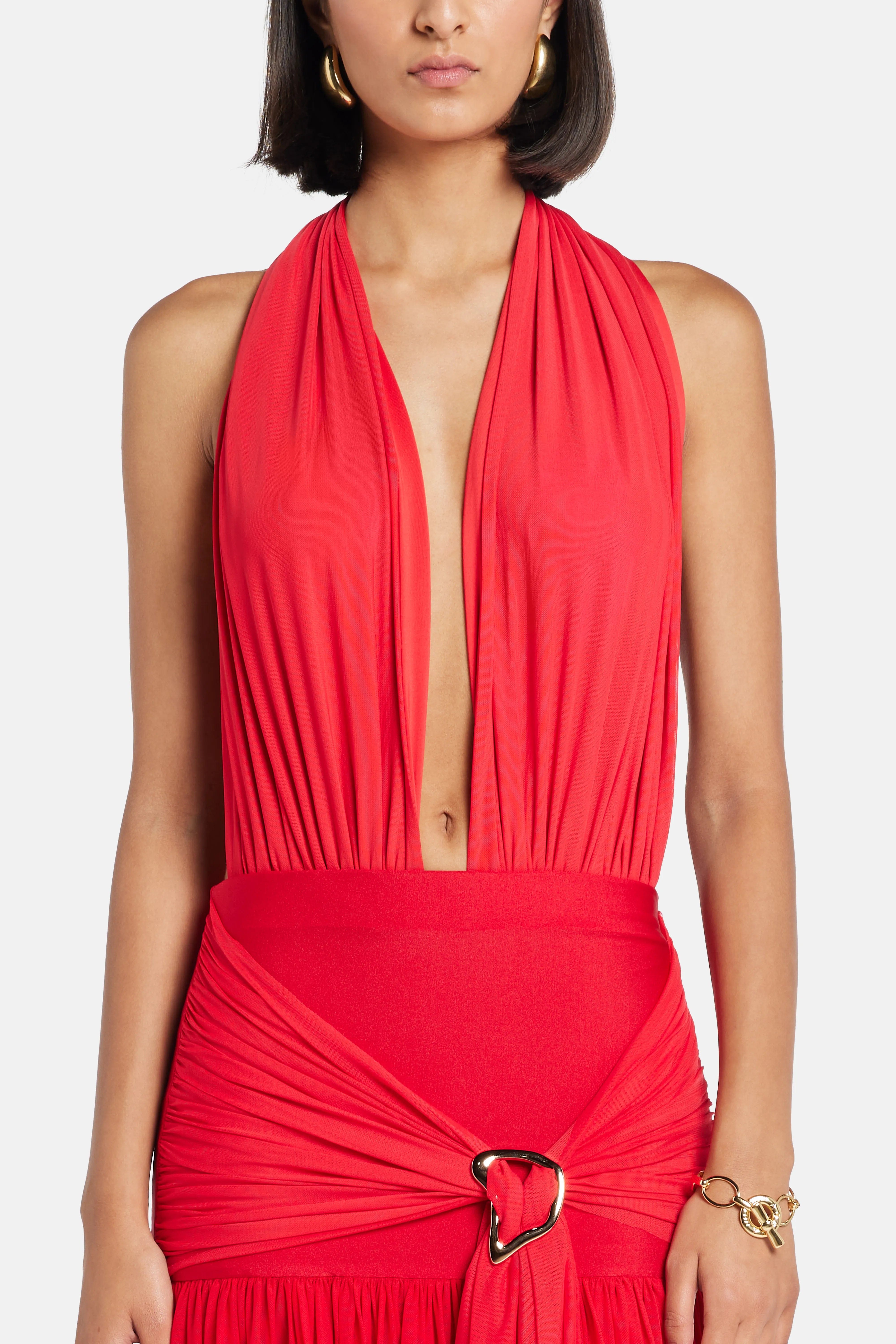 LEDIEL Capuccino Deep Cut Sleeveless Maxi Dress in Red