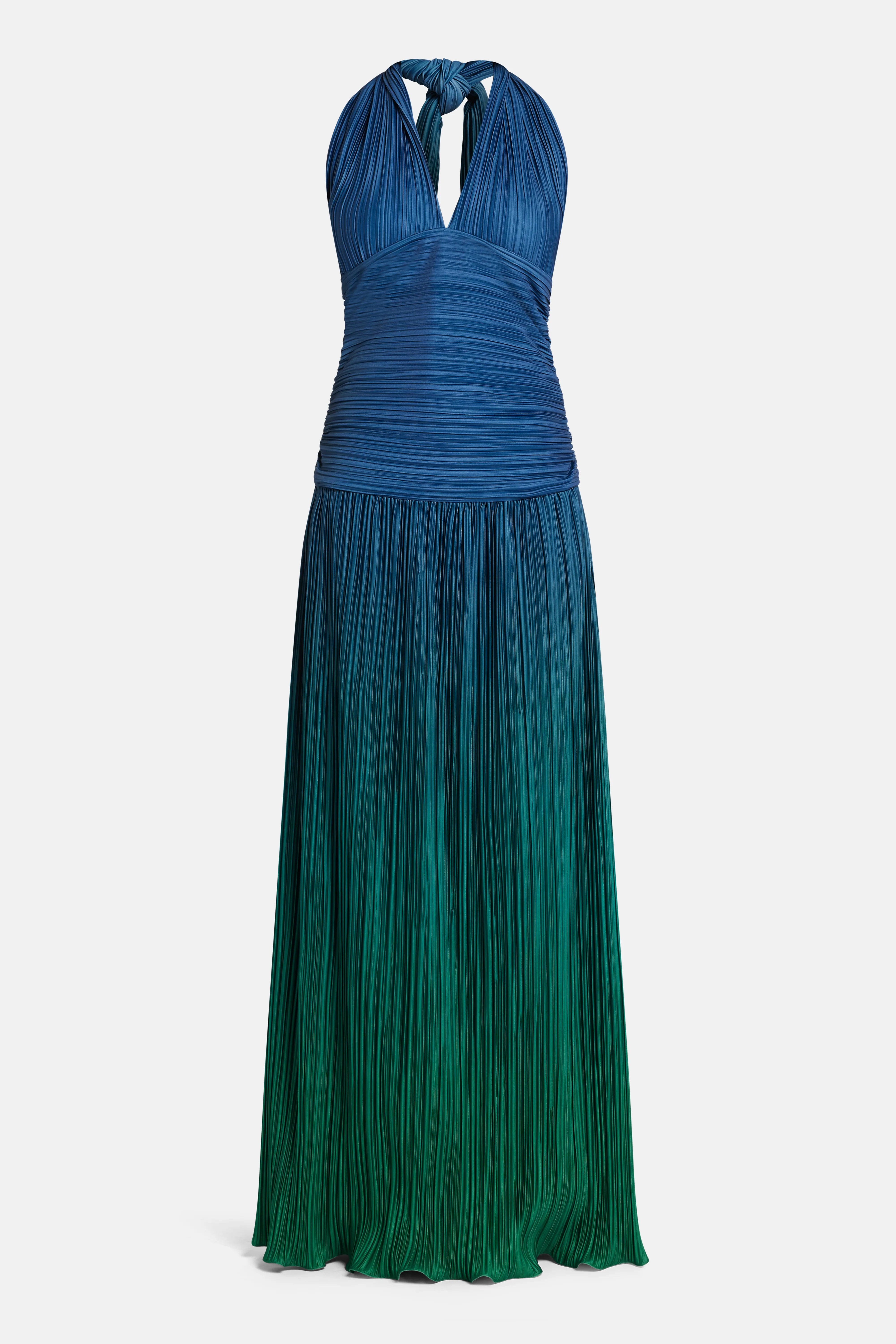 MAYLE VASQUEZ Eco V Neck Pleated Maxi Dress in Green and Blue
