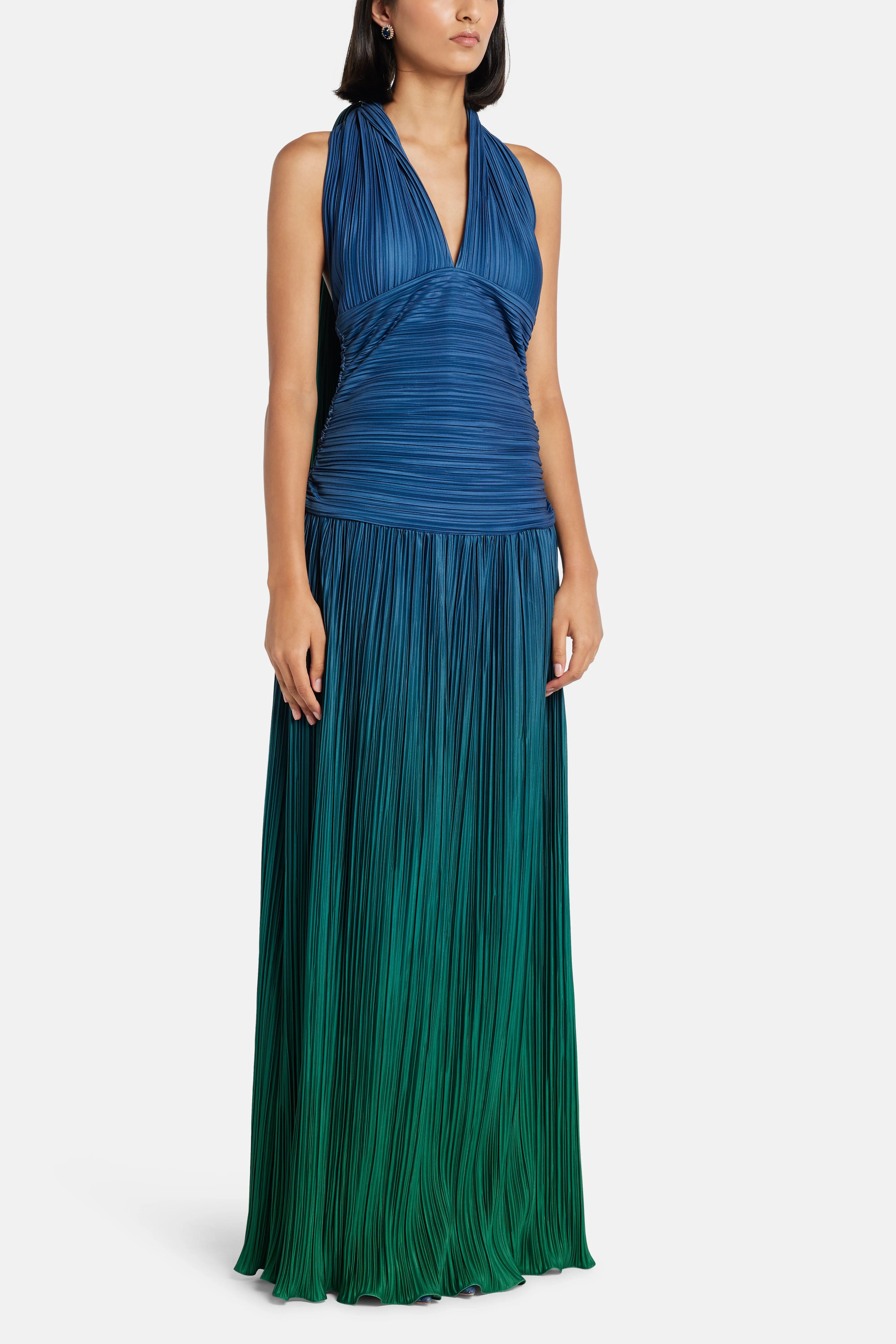 MAYLE VASQUEZ Eco V Neck Pleated Maxi Dress in Green and Blue