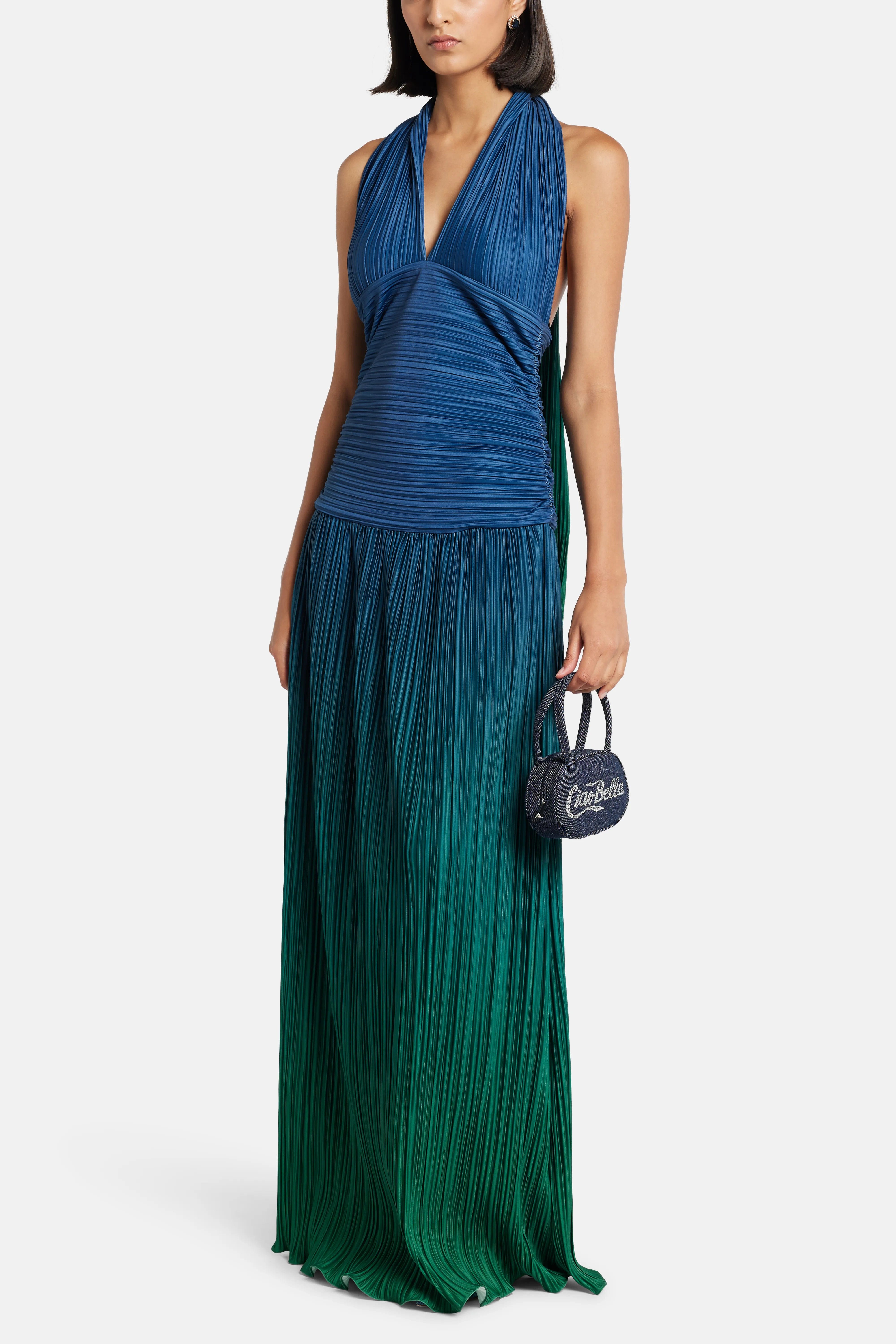 MAYLE VASQUEZ Eco V Neck Pleated Maxi Dress in Green and Blue