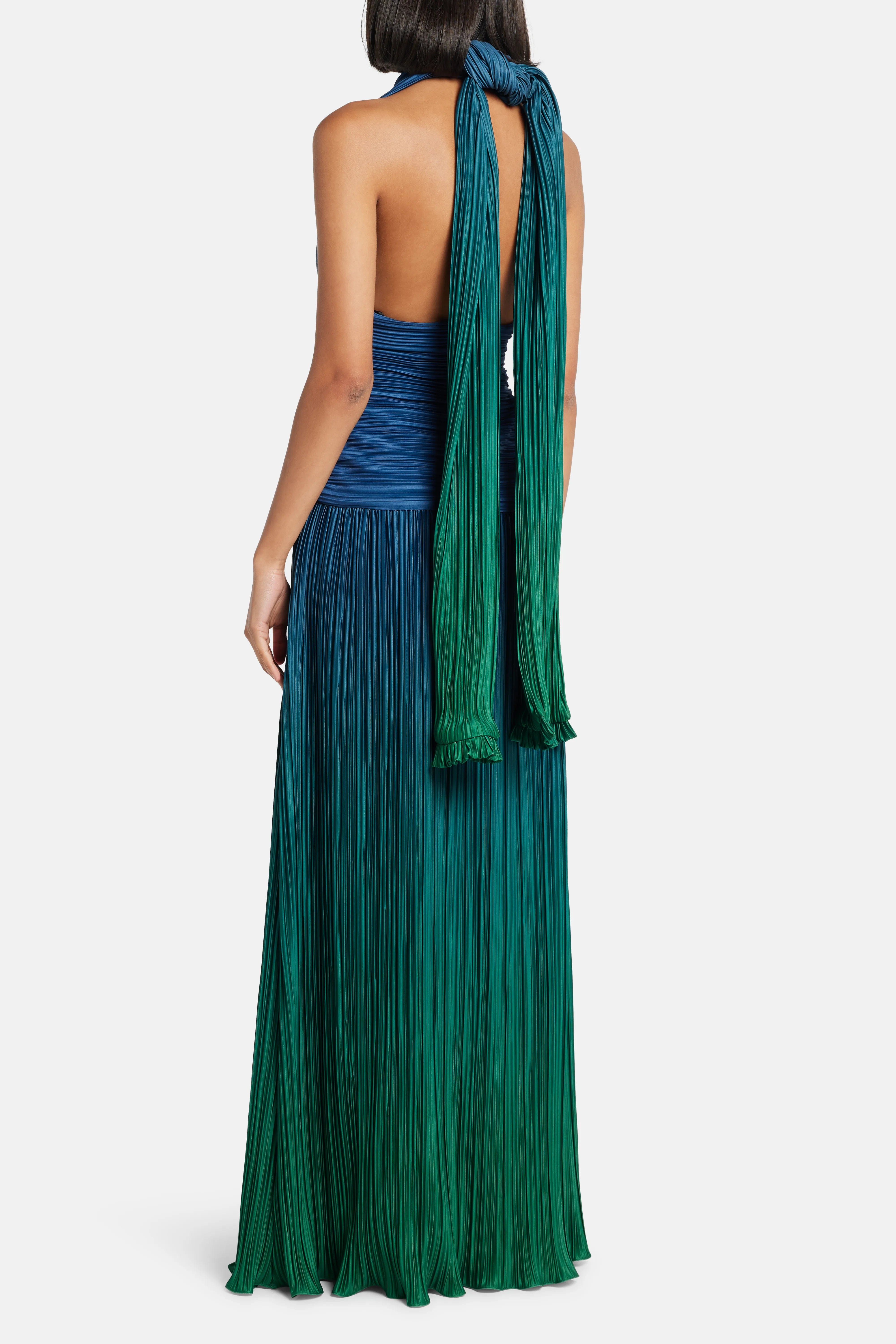 MAYLE VASQUEZ Eco V Neck Pleated Maxi Dress in Green and Blue