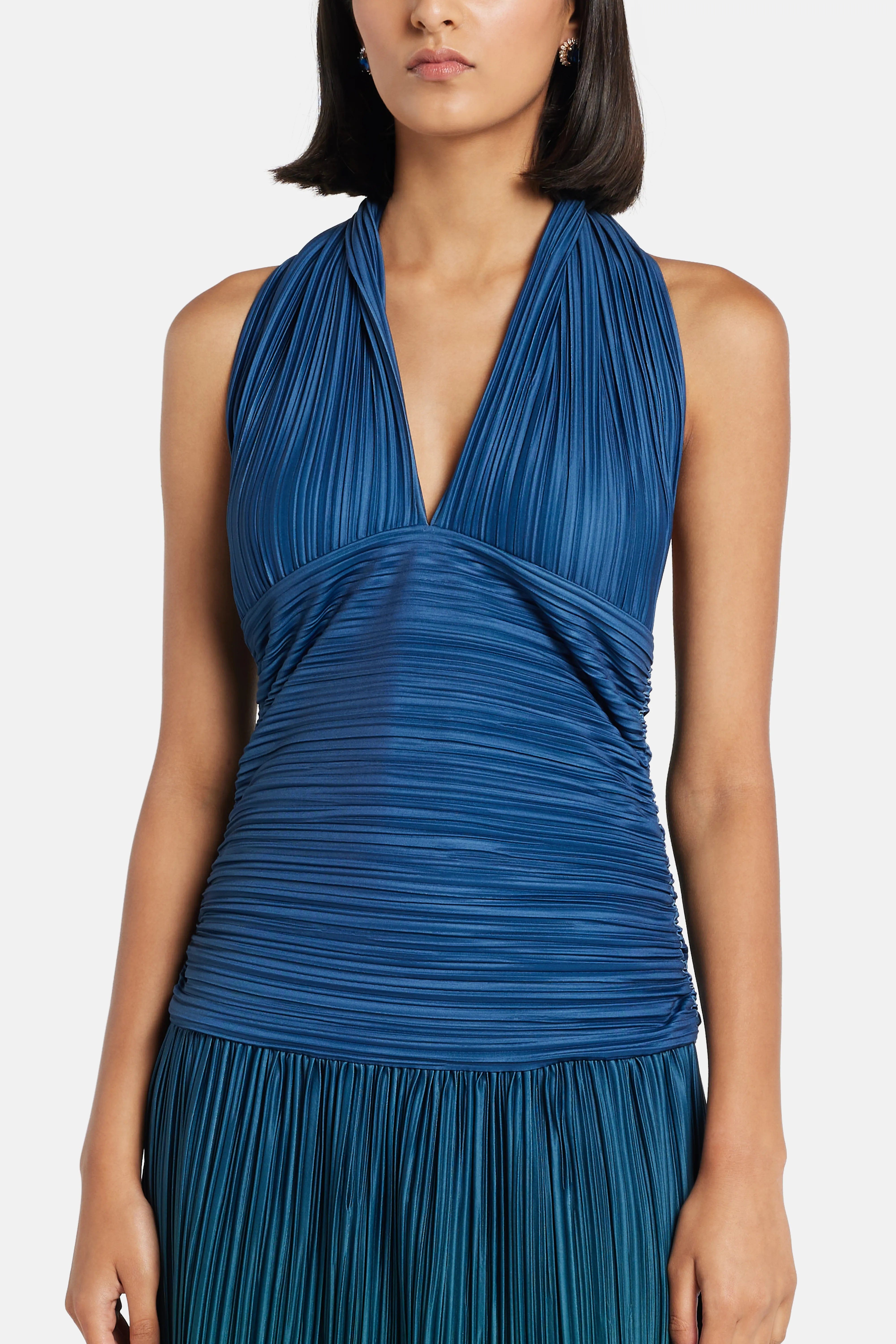 MAYLE VASQUEZ Eco V Neck Pleated Maxi Dress in Green and Blue
