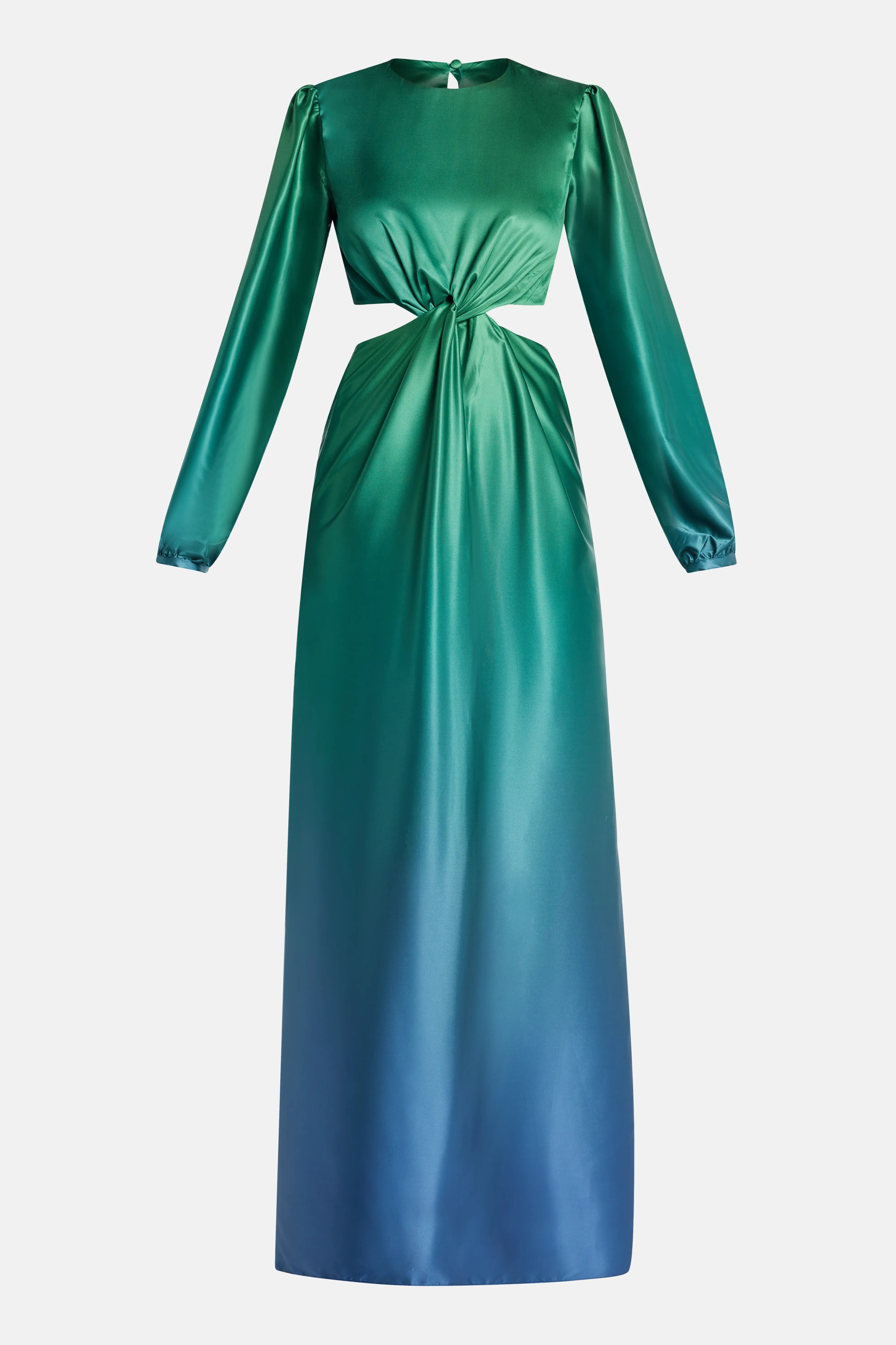 MAYLE VASQUEZ Rayo Cut Out Ombre Maxi Dress in Green and Blue