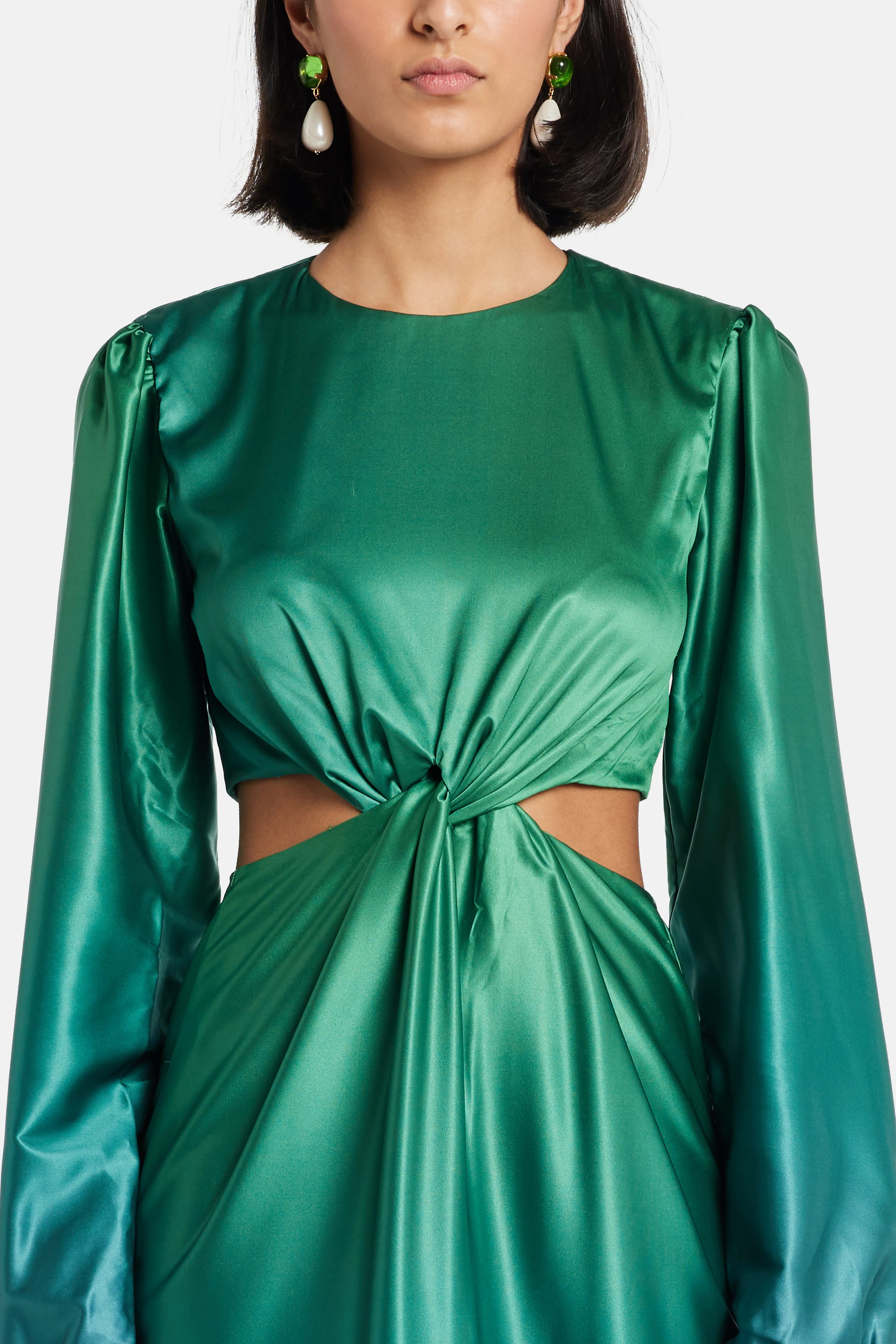 MAYLE VASQUEZ Rayo Cut Out Ombre Maxi Dress in Green and Blue