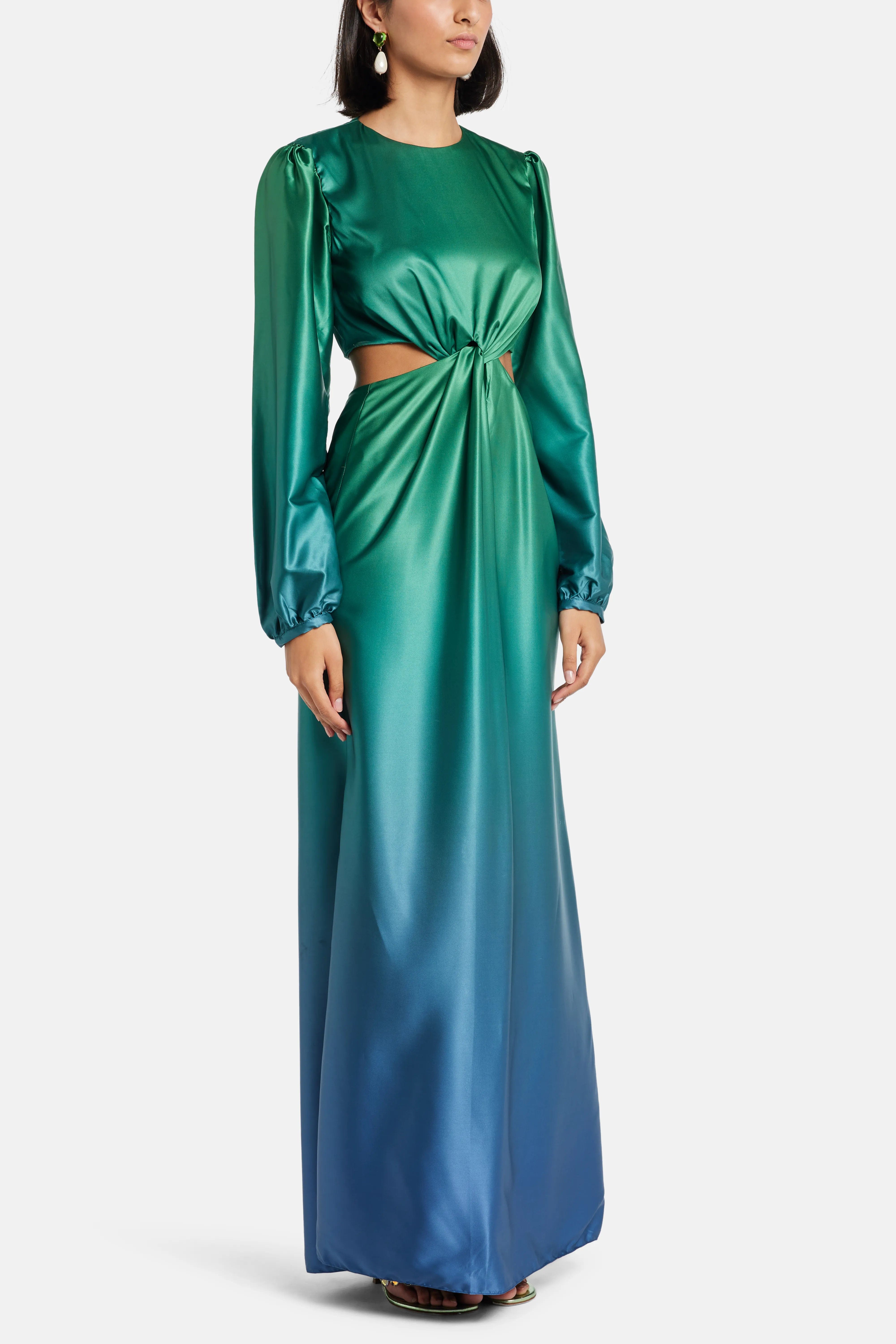 MAYLE VASQUEZ Rayo Cut Out Ombre Maxi Dress in Green and Blue