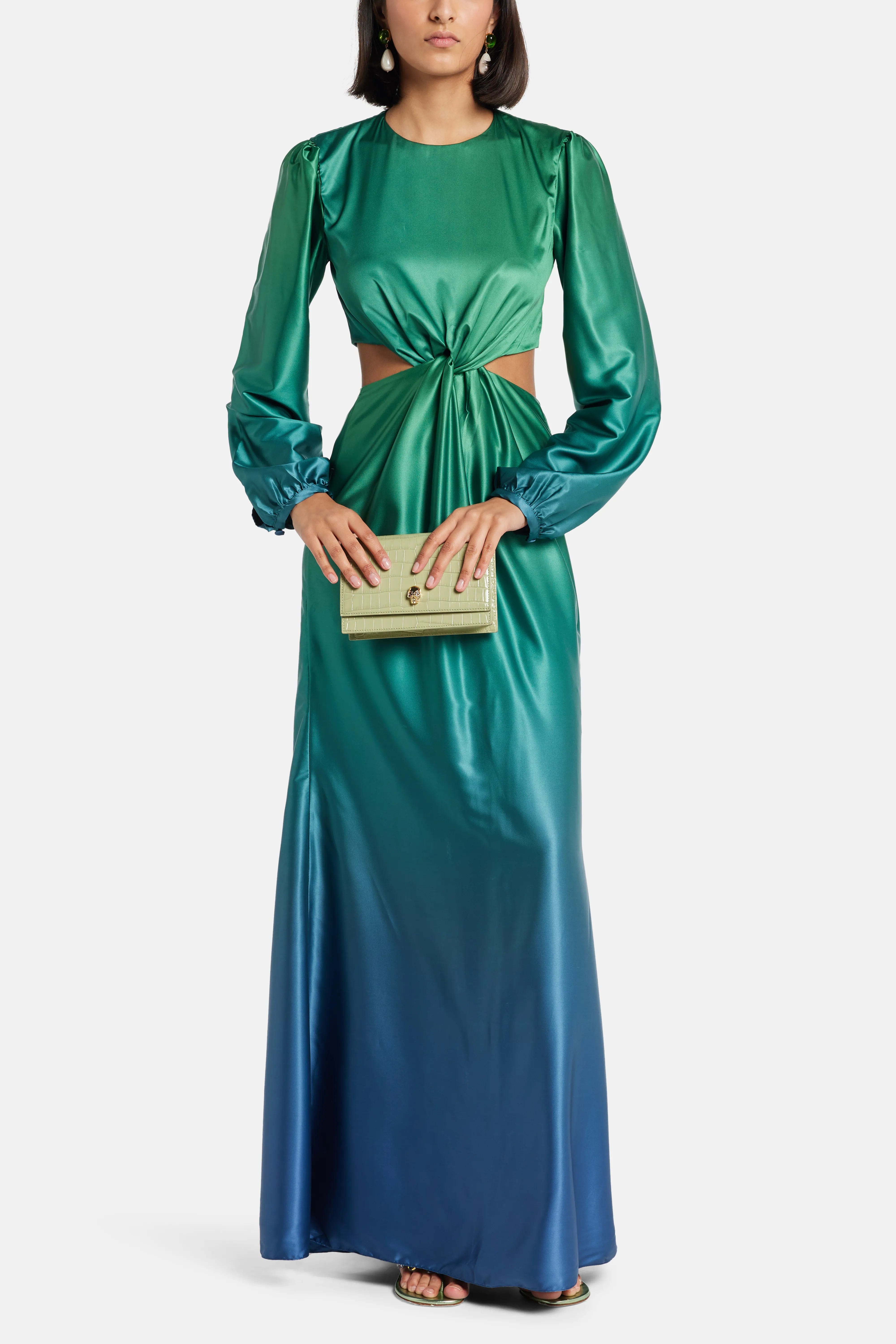 MAYLE VASQUEZ Rayo Cut Out Ombre Maxi Dress in Green and Blue
