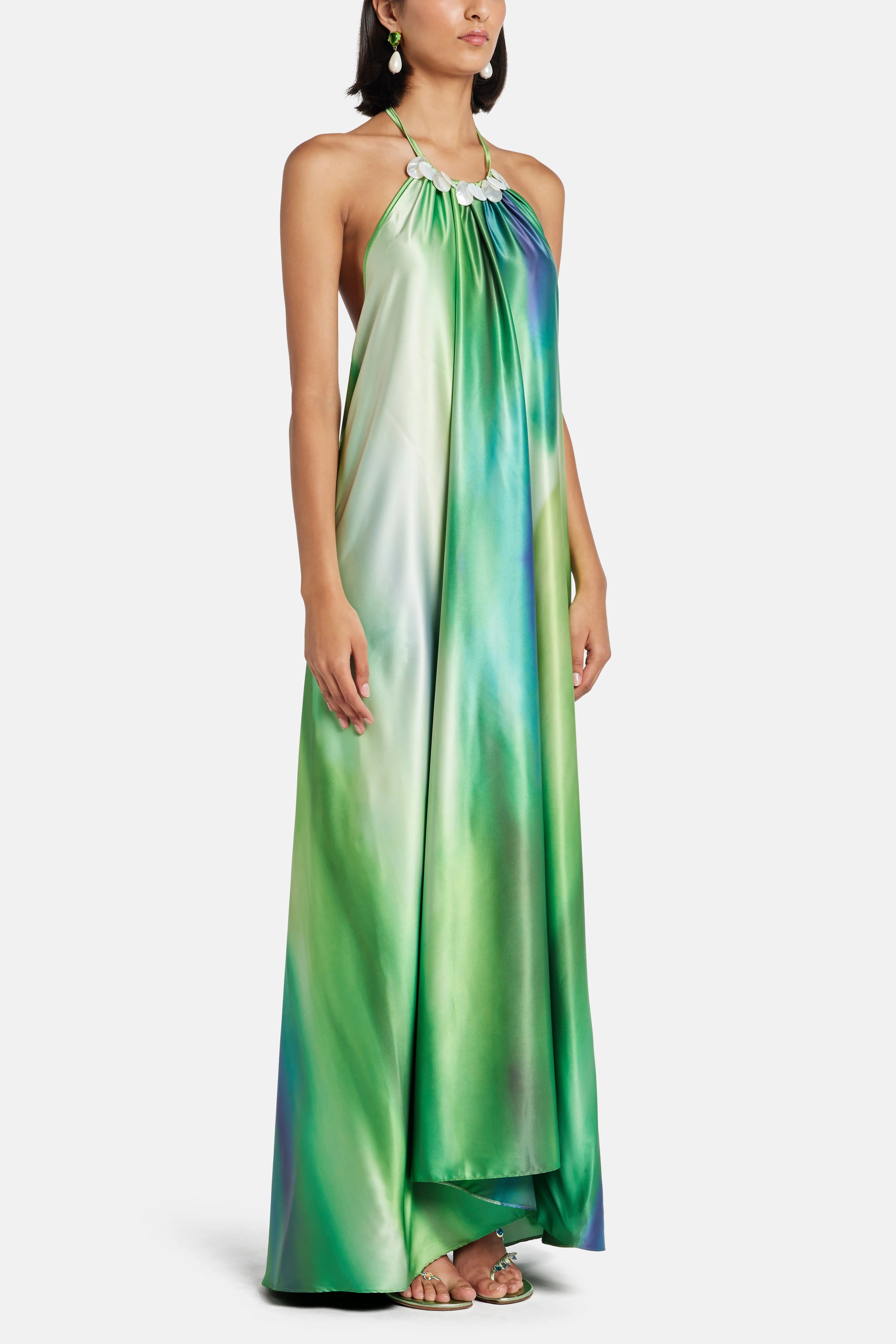 MAYLE VASQUEZ Canto Seashell Halter Neck Maxi Dress in Green